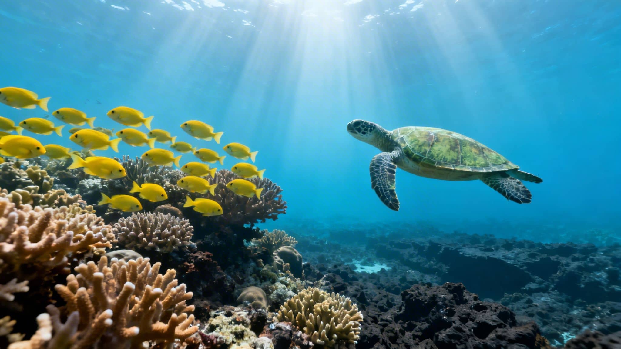A green sea turtle swims past a vibrant coral reef and a school of yellow fish, with sun rays from above.