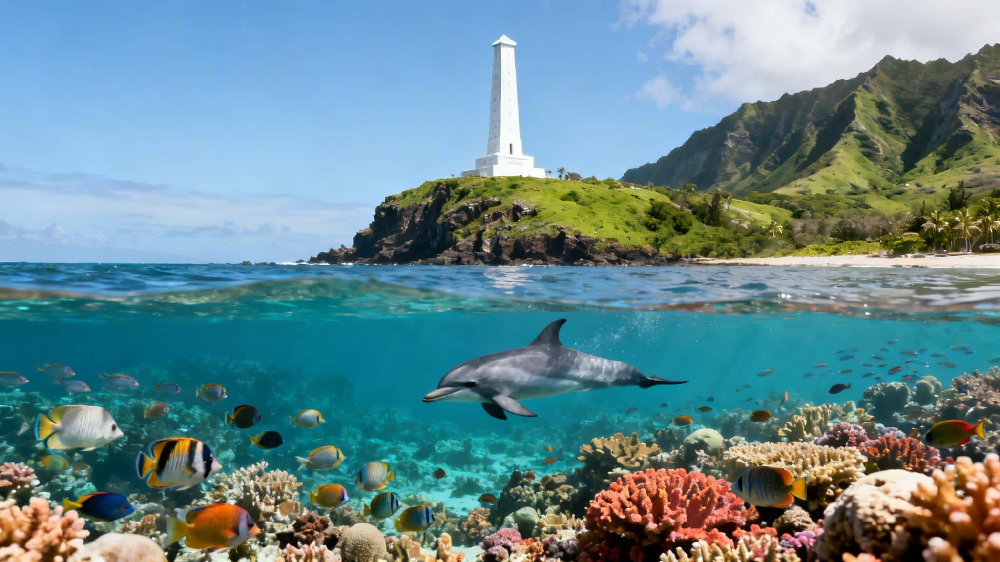 Split image of a tropical island, monument, and a vibrant coral reef with a dolphin and many colorful fish.