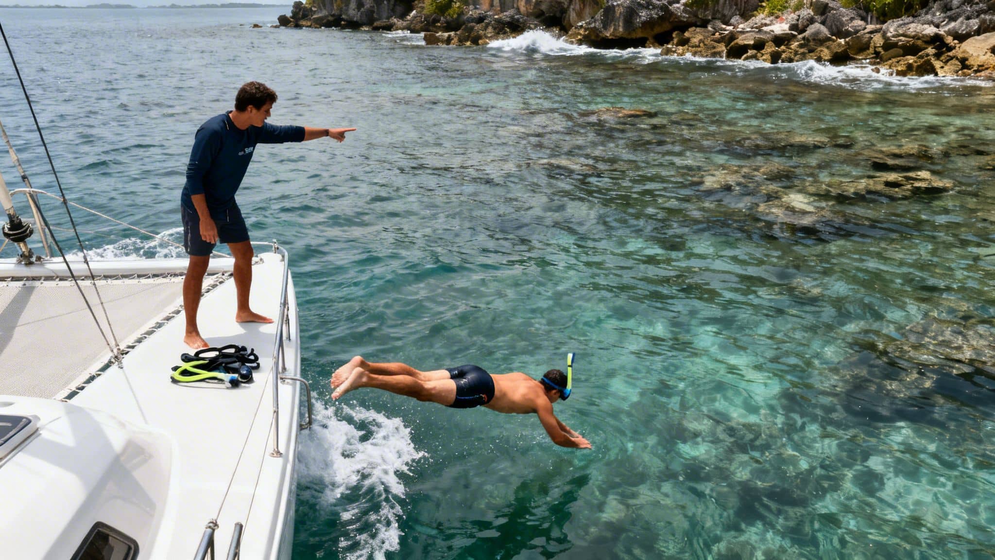 A man dives into clear ocean water from a boat while another points, ready to snorkel.