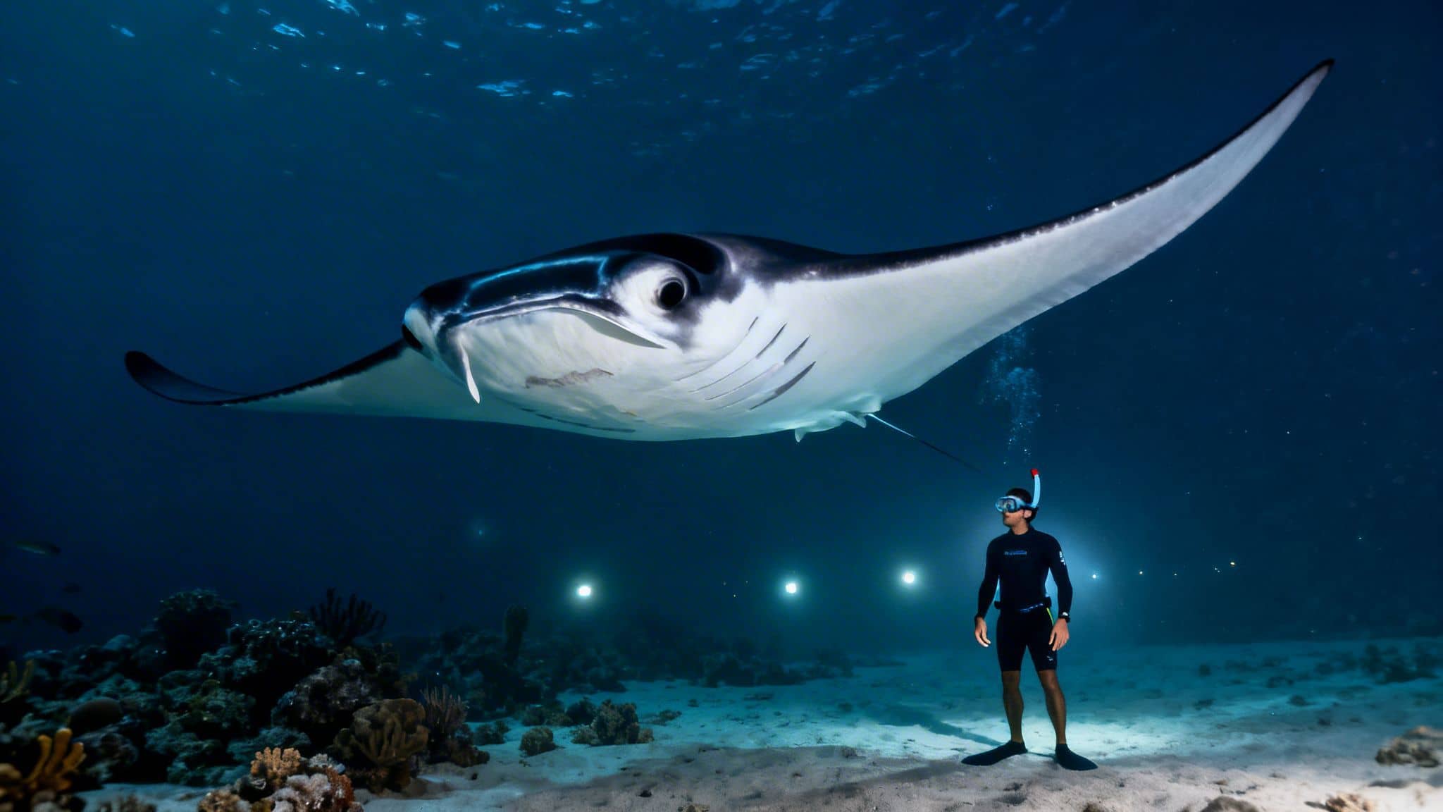 A large manta ray gracefully glides over a free diver on a sandy ocean floor at night.