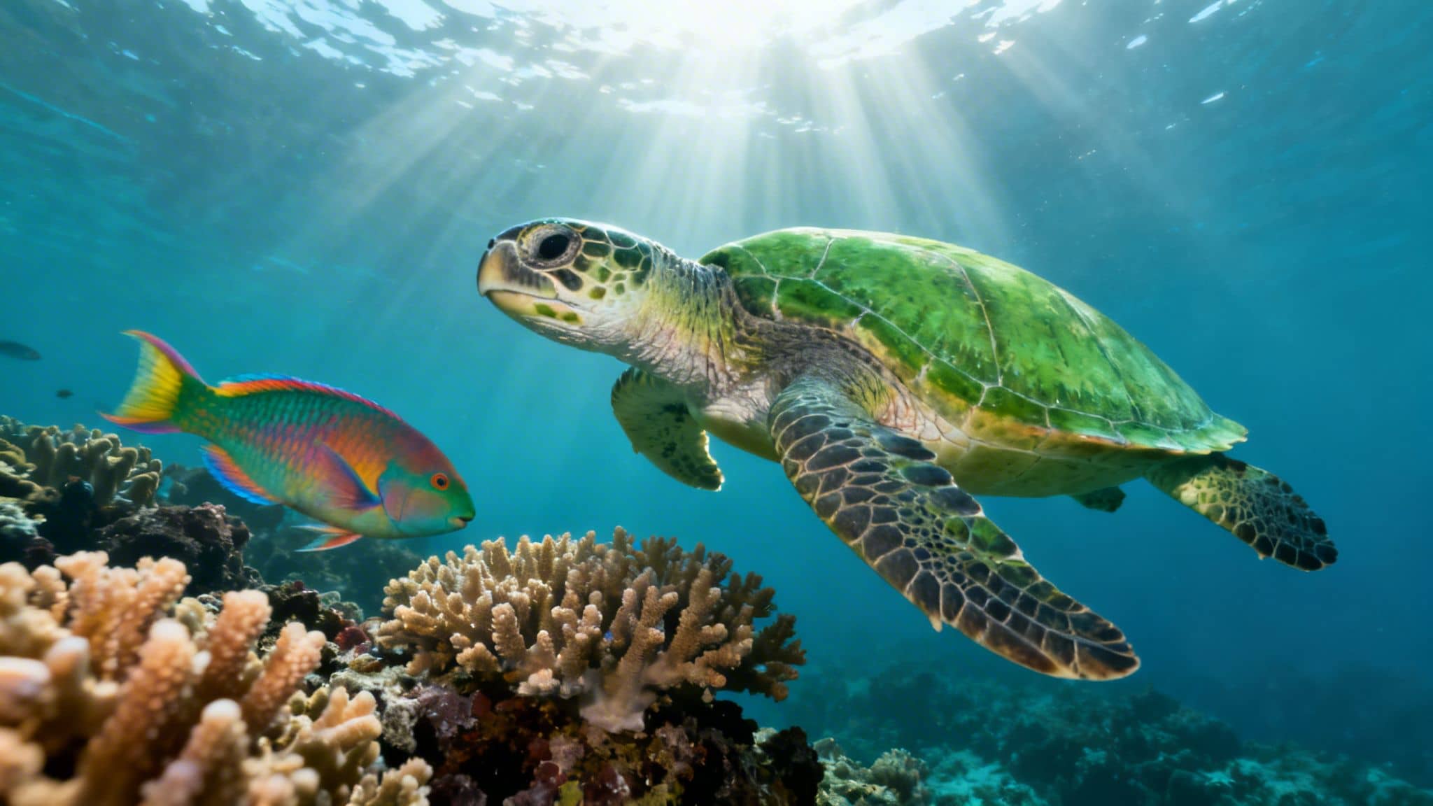 A vibrant green sea turtle swims alongside a colorful parrotfish over a coral reef with sun rays.