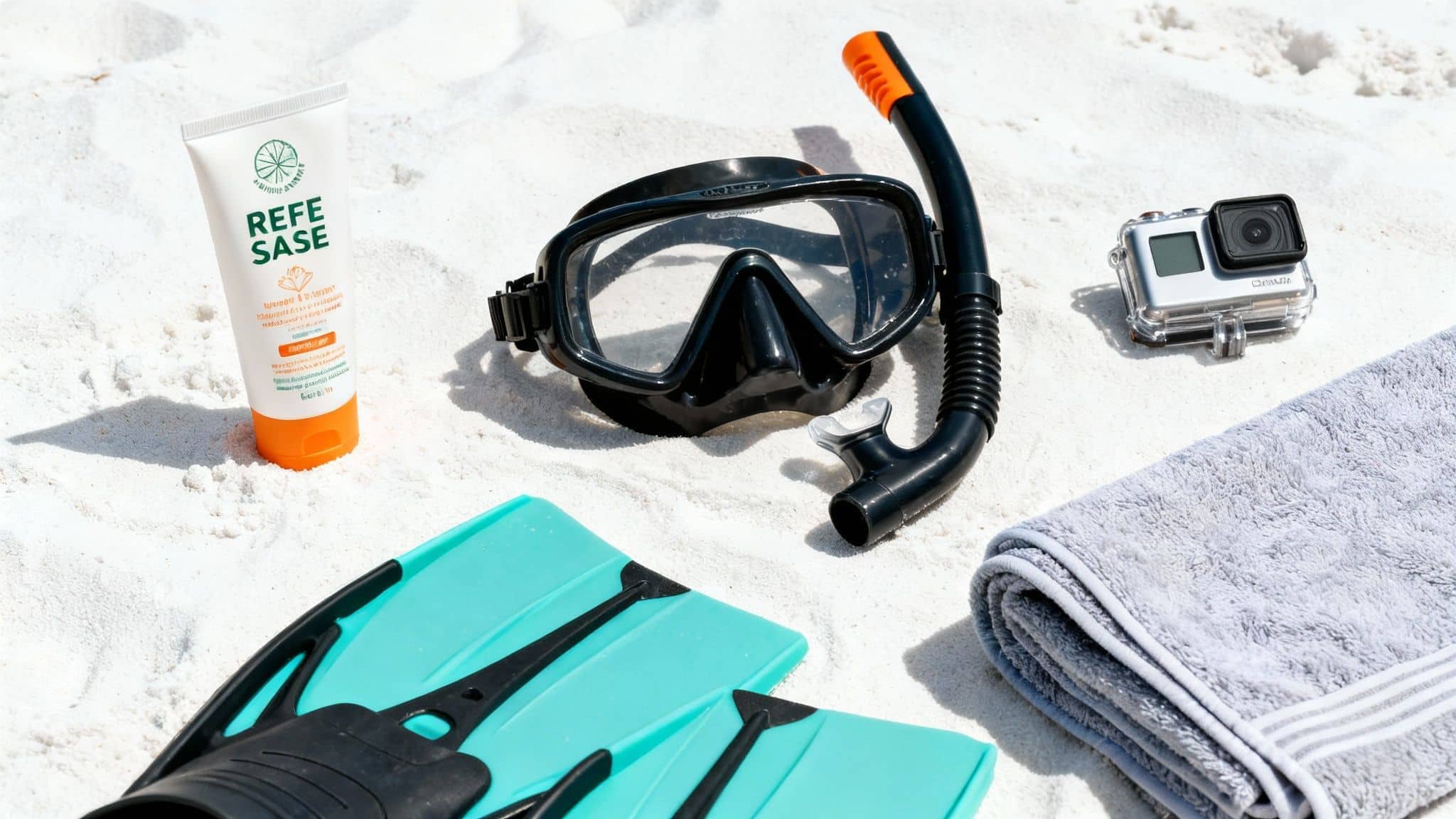 Snorkeling gear including mask, snorkel, fins, sunscreen, GoPro, and towel on white sand.