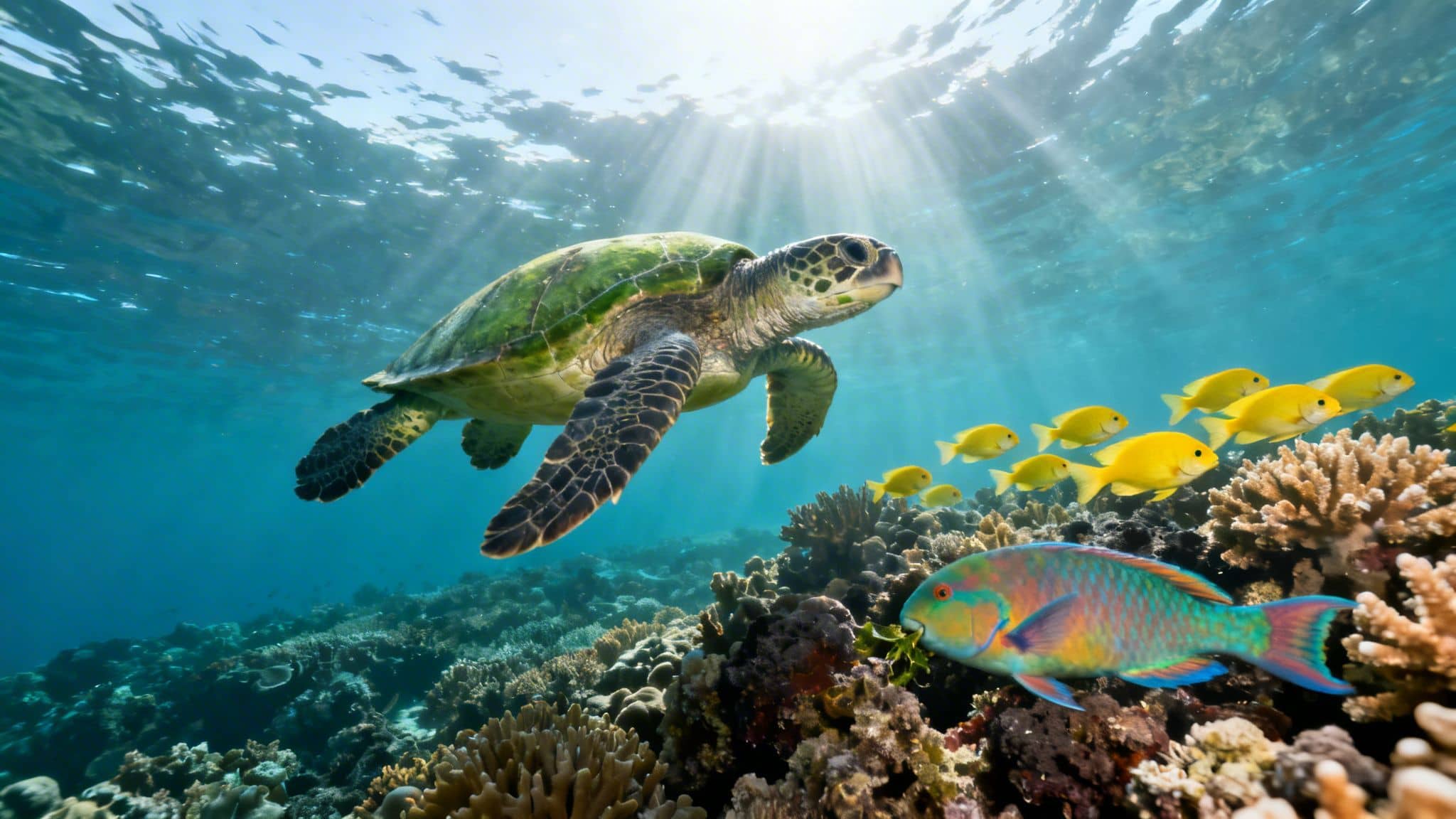 A green sea turtle swims above a vibrant coral reef with yellow fish and a colorful parrotfish.