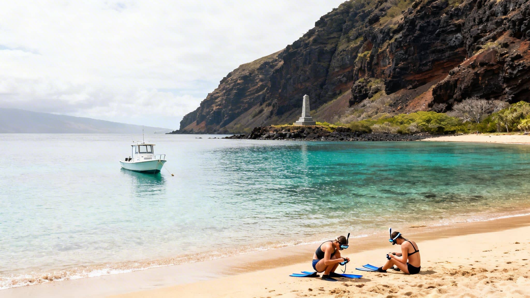 Two people on a sandy beach prepare for snorkeling with a boat in clear water and a monument on a cliff.