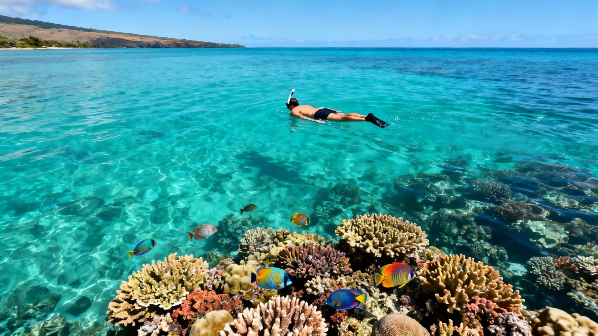 A person snorkeling above a vibrant coral reef teeming with colorful tropical fish in clear blue ocean water.