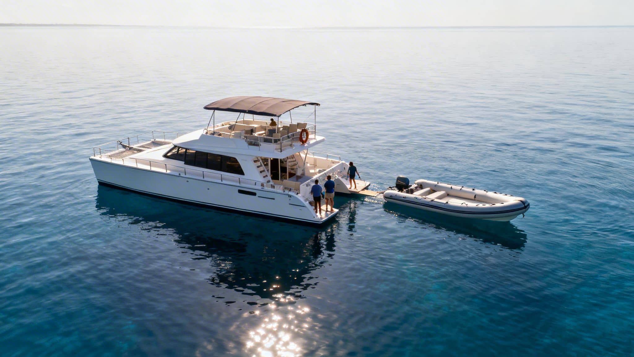 An aerial view of a white catamaran yacht anchored in clear blue water with people and a dinghy.