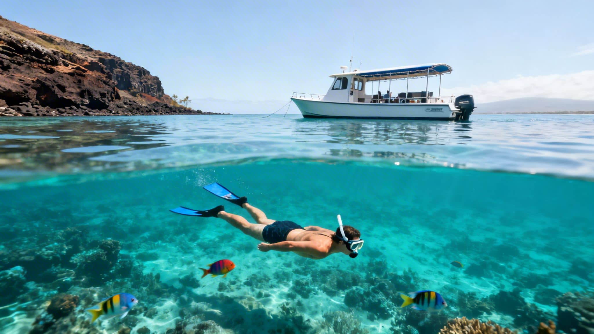 Half-underwater shot of a person snorkeling with colorful fish near a boat and coastline.