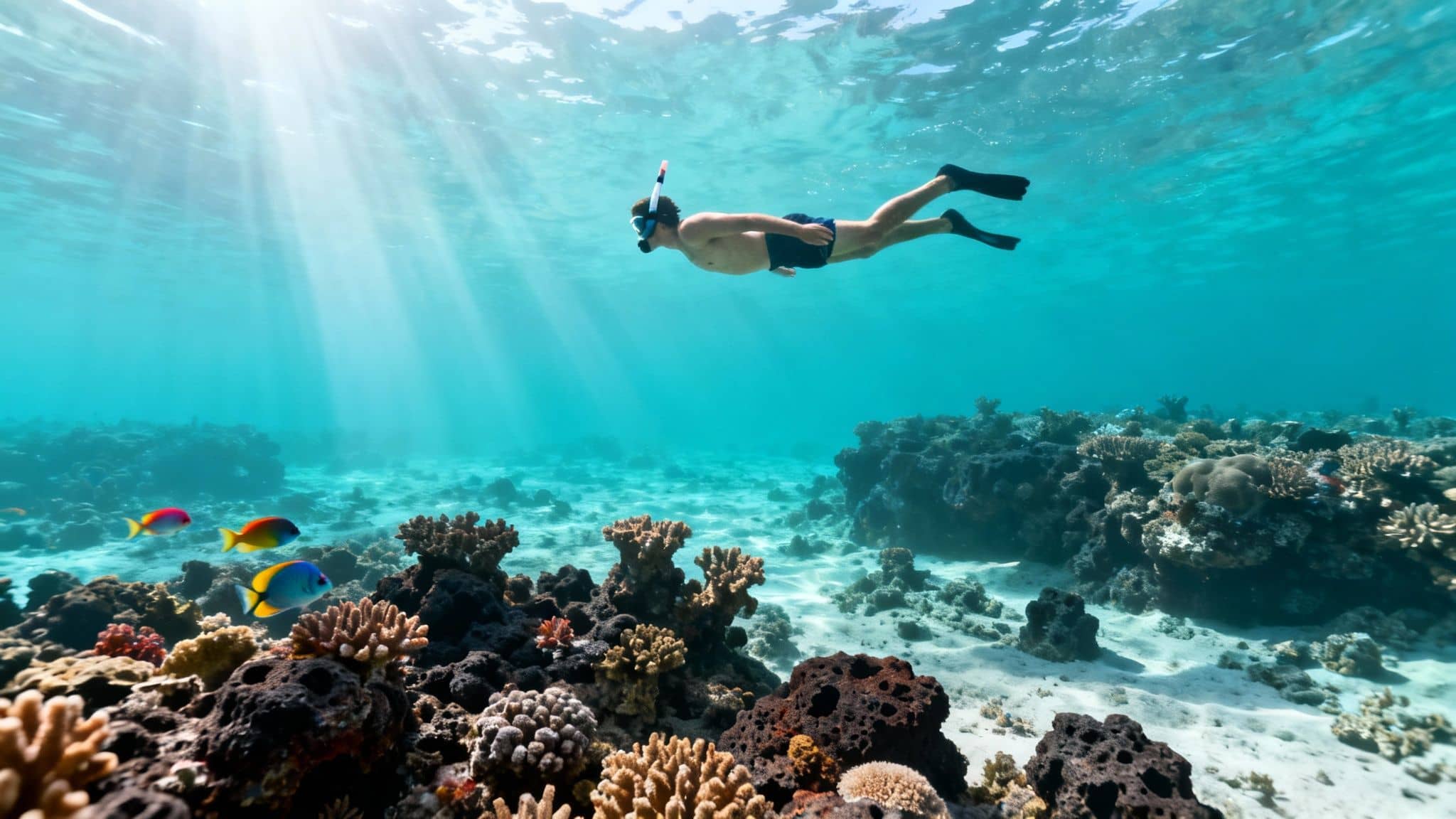 A person snorkeling over a vibrant coral reef with colorful fish and sunlight filtering through the clear blue water.