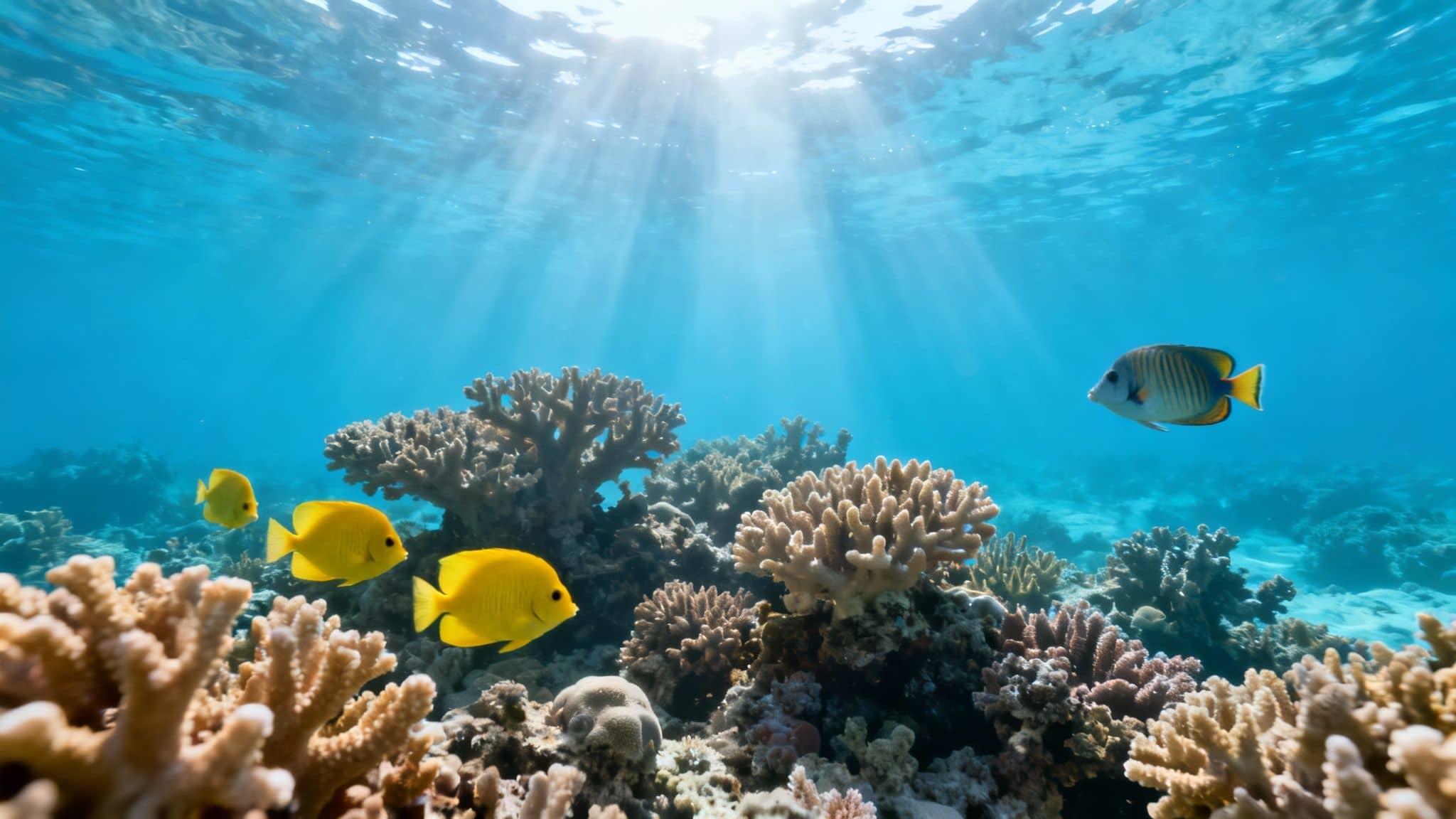 Underwater scene with vibrant coral reefs, sun rays filtering through blue water, and schools of colorful fish.