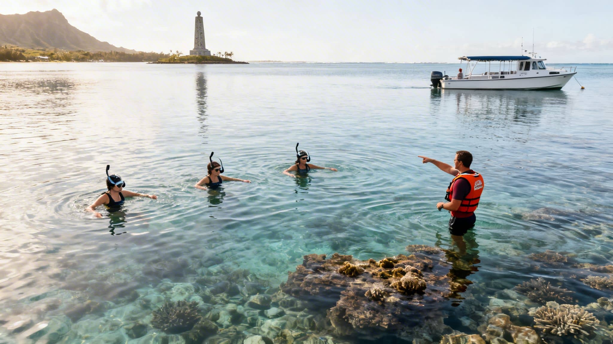 Snorkelers explore clear ocean water near coral reefs, guided by a man, with a boat and island.
