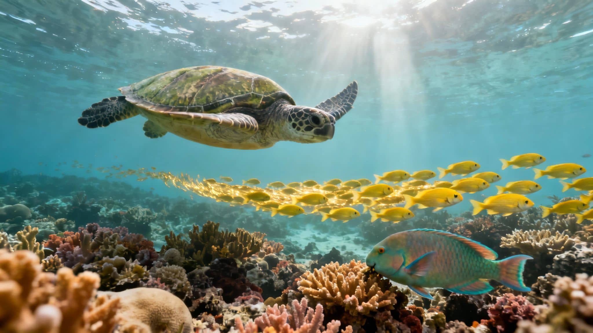 A green sea turtle swims with yellow fish above a colorful coral reef, sunlight streaming through water.