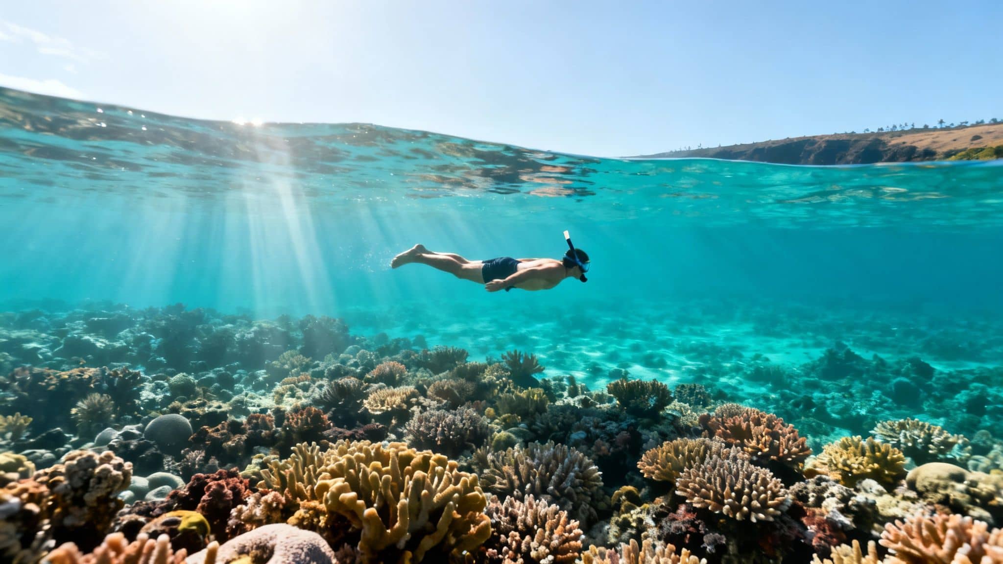 A man snorkeling over vibrant coral reefs in clear blue water, with a split view showing the sunny sky above.