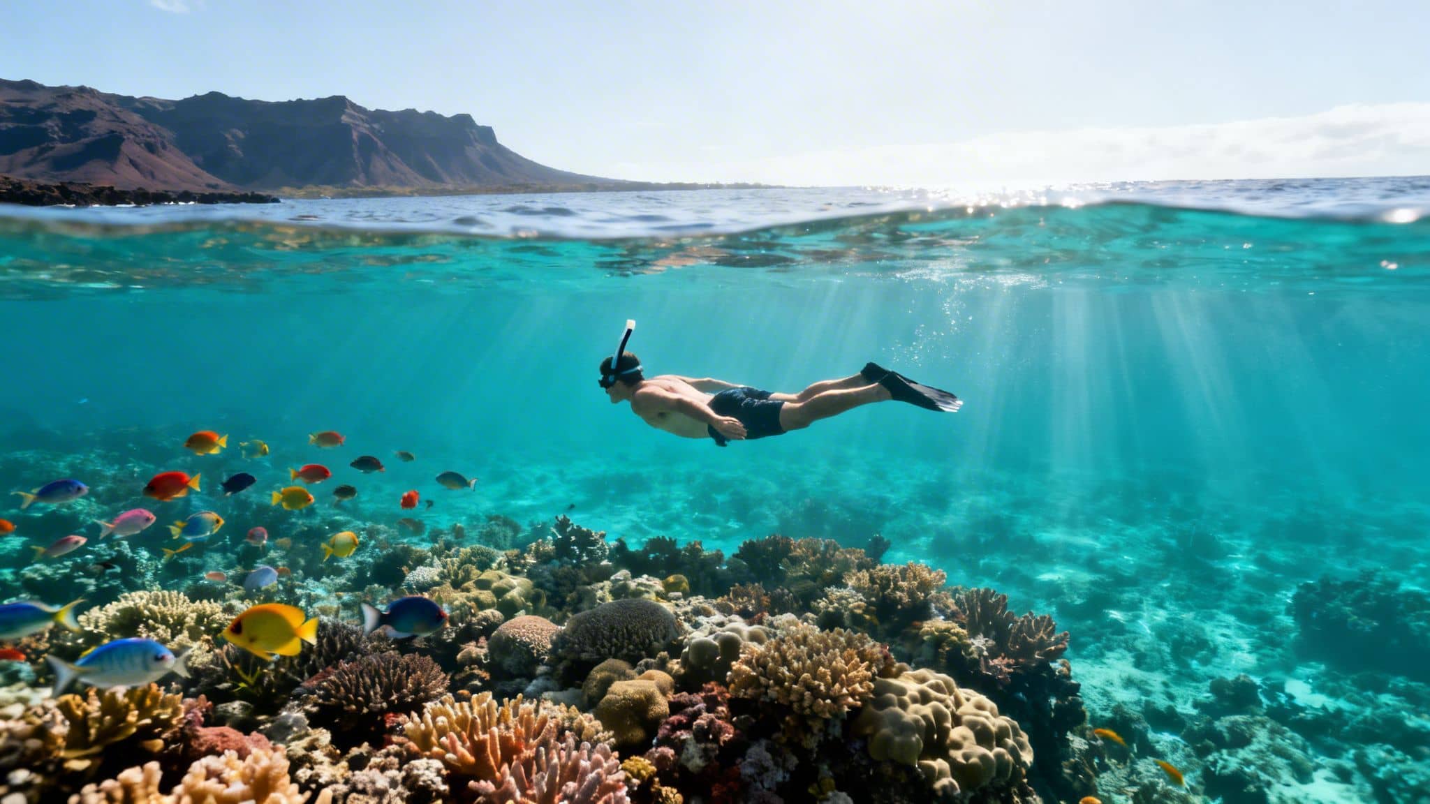A man snorkeling over a vibrant coral reef with colorful fish, split view above and below water.
