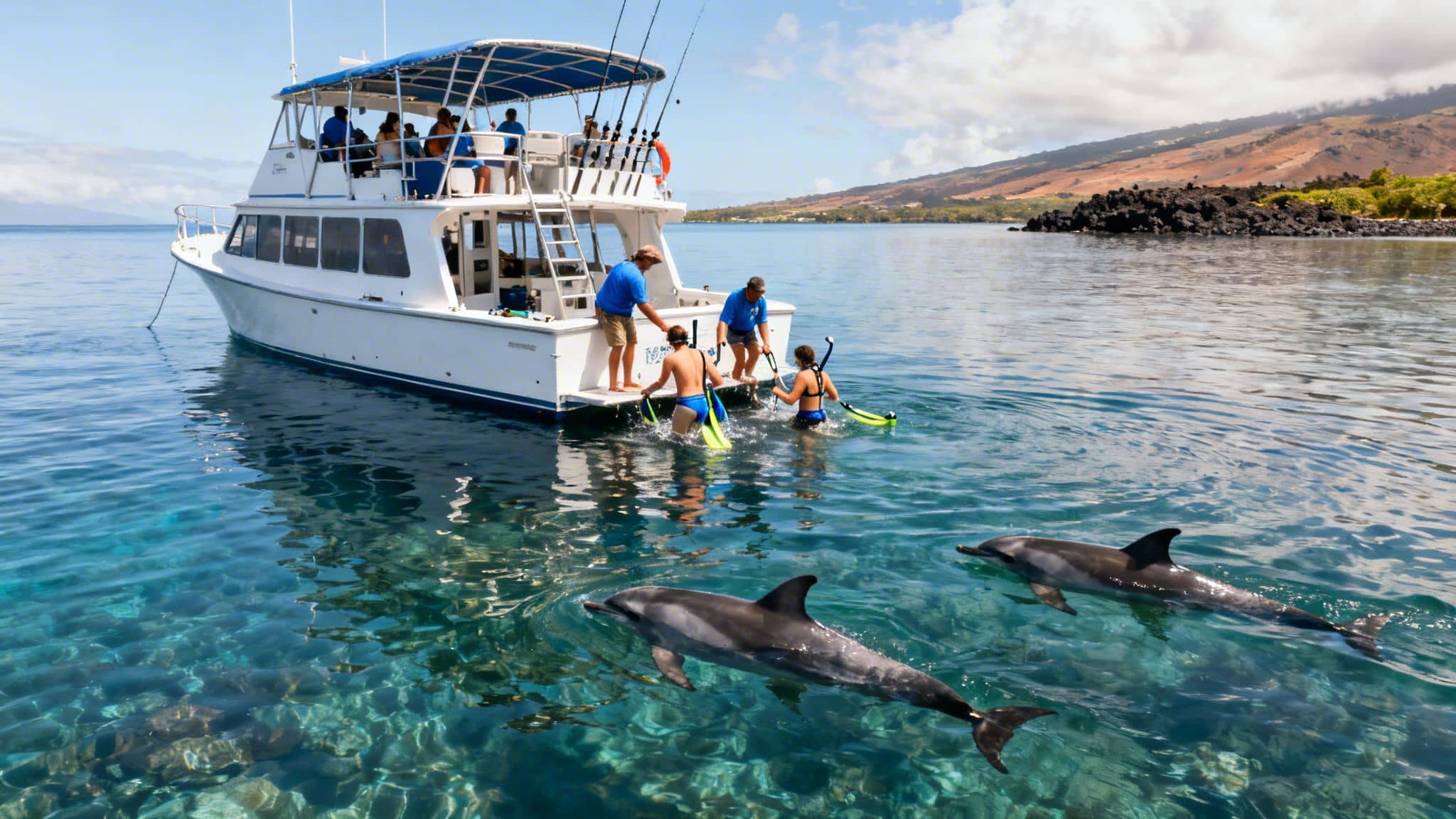 Dolphins swim near a boat with people enjoying a clear water snorkeling adventure.