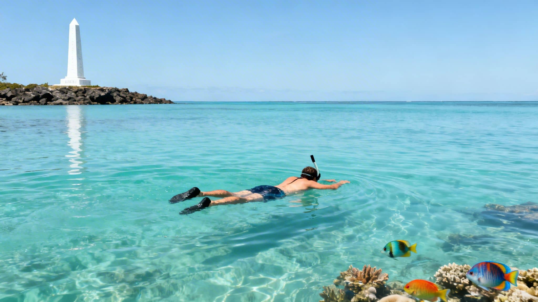 A person snorkeling in clear turquoise water with colorful fish and coral, near a white monument.