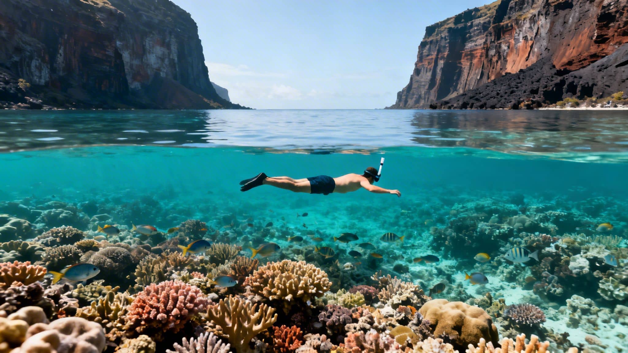 A person snorkeling over a vibrant coral reef teeming with colorful fish, near towering cliffs.