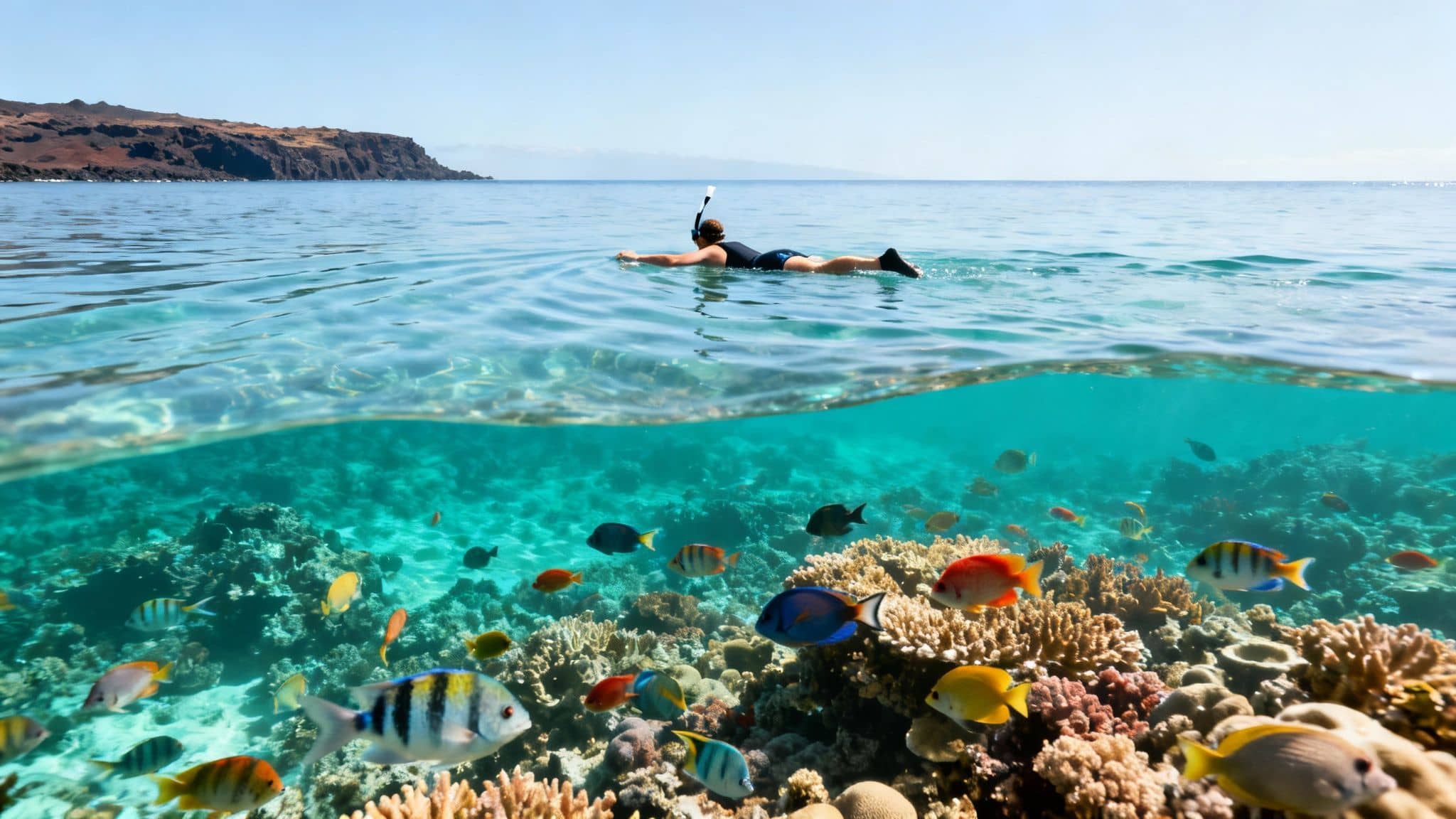 Snorkeler swims above a vibrant coral reef with colorful fish in clear Hawaiian waters.