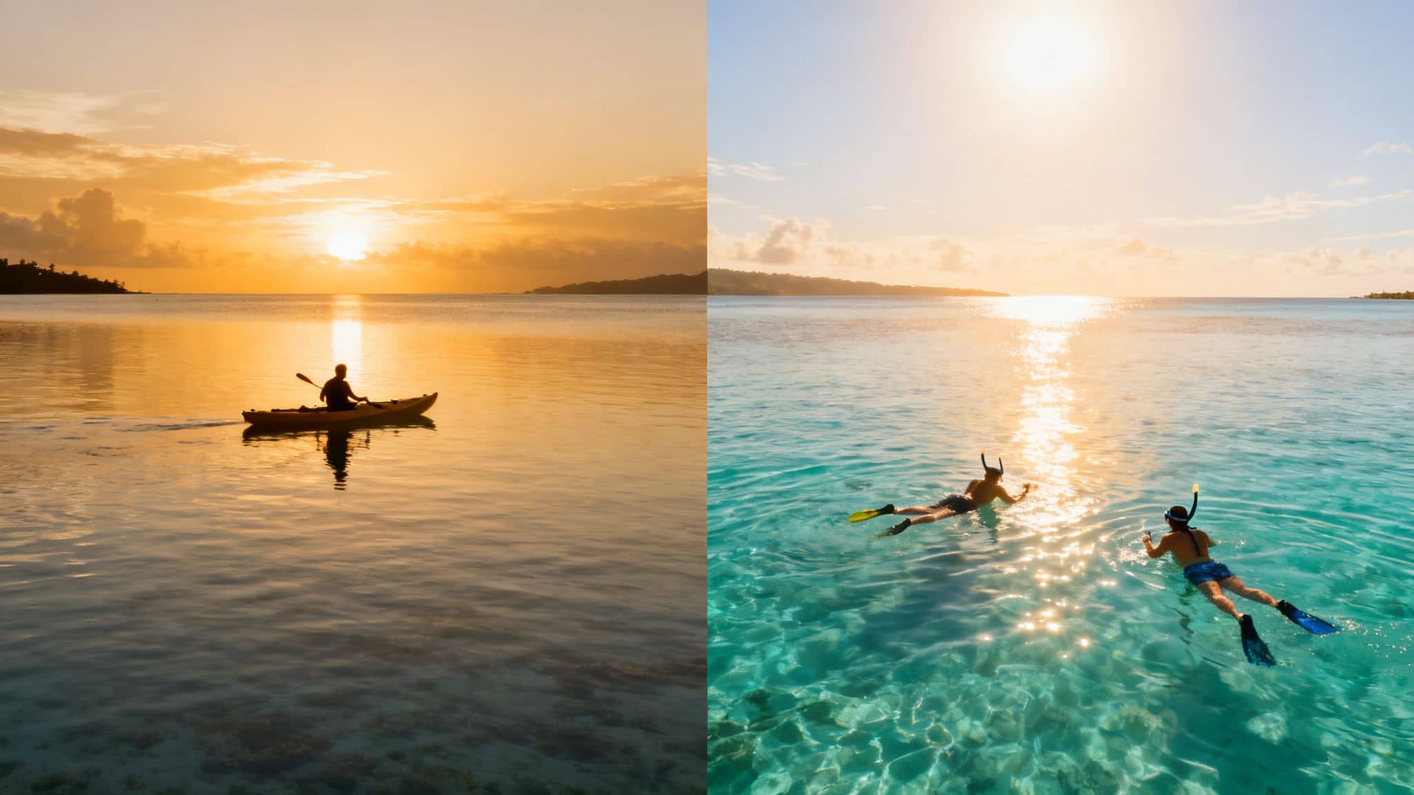 Split image showing a solo kayaker at sunset and two people snorkeling in sunny, clear ocean.