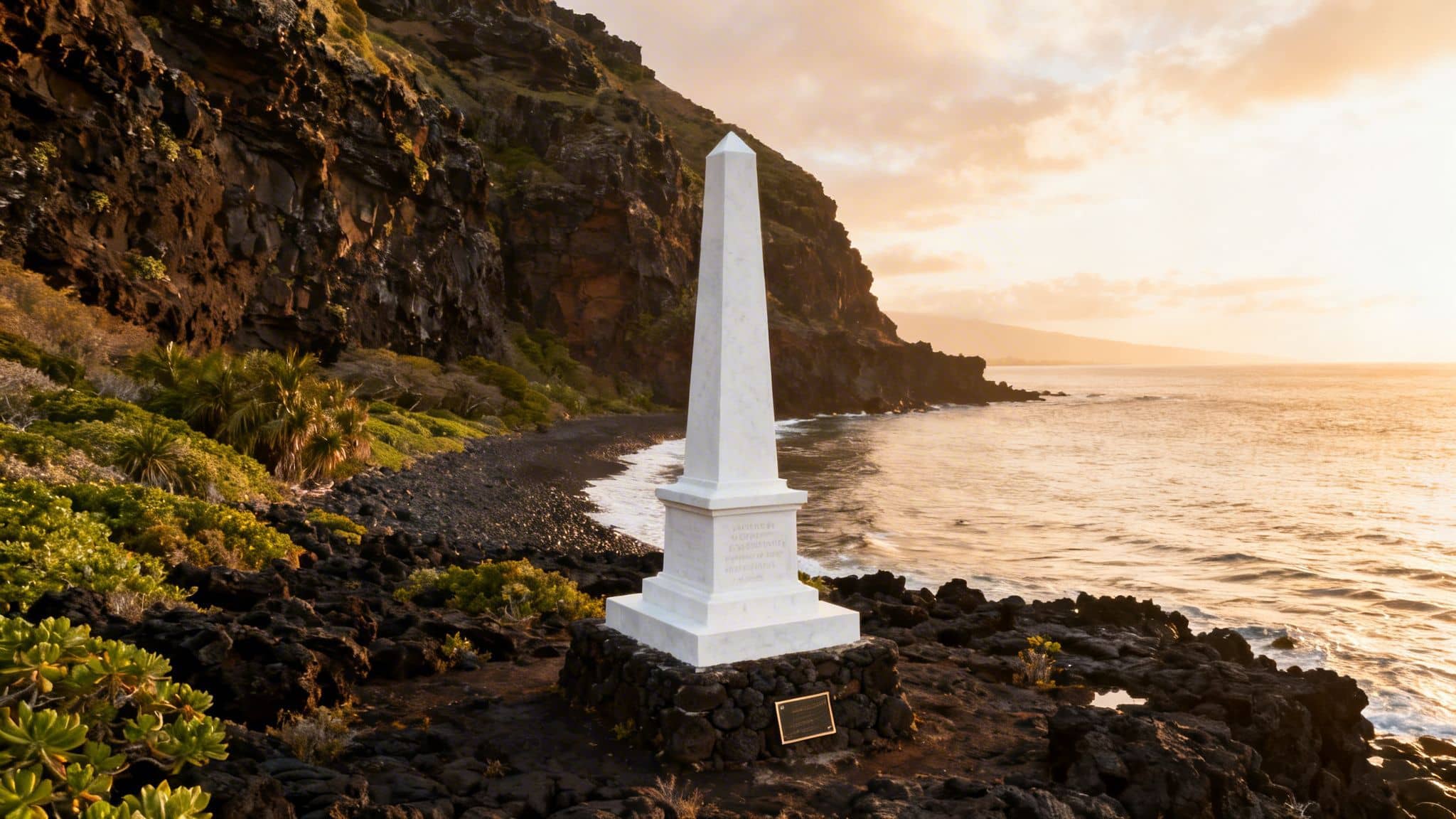 White obelisk monument stands on a volcanic shoreline with cliffs and ocean at golden hour.
