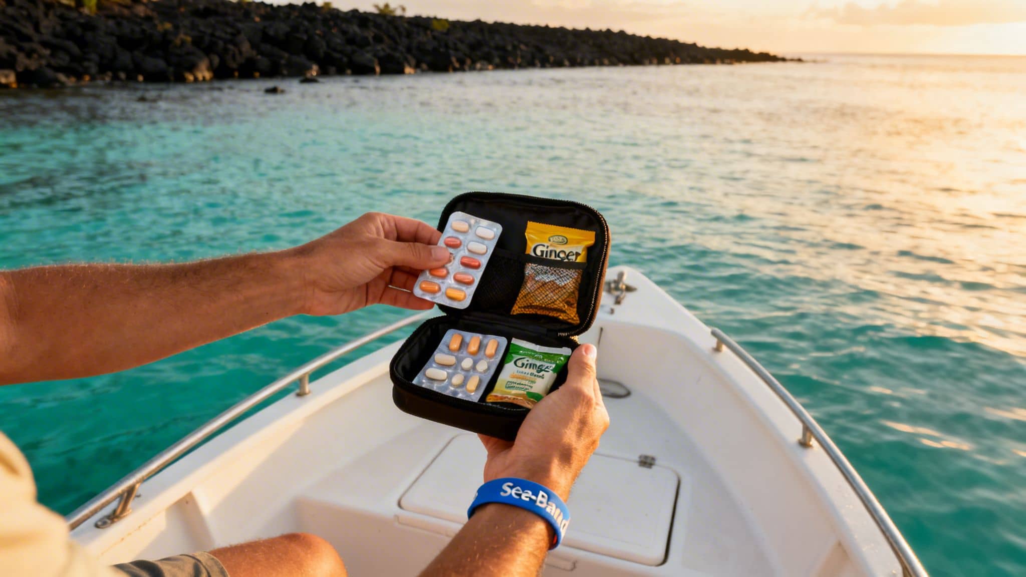 Hands holding a travel kit with pills and ginger chews, motion sickness remedies on a boat.
