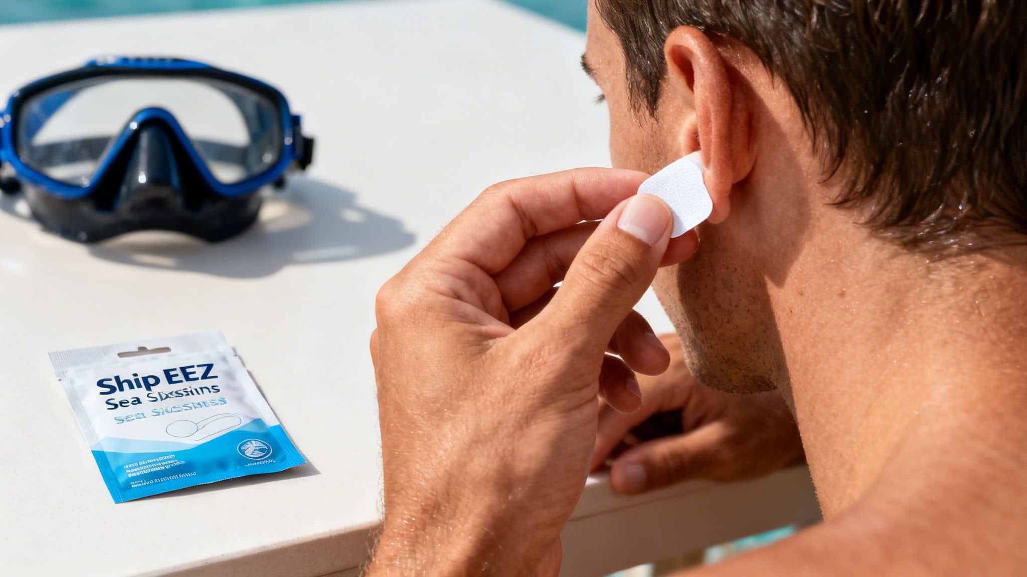 A man applies a 'Ship EEZ Sea Sickness' patch behind his ear, with a diving mask nearby.