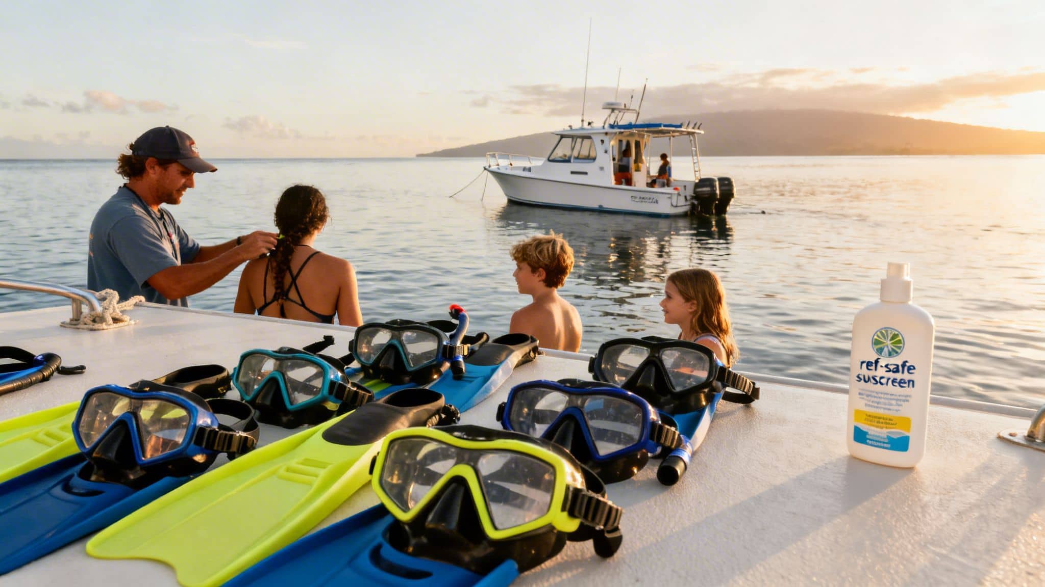 A family on a boat at sunset, preparing for snorkeling, with masks and fins on deck.