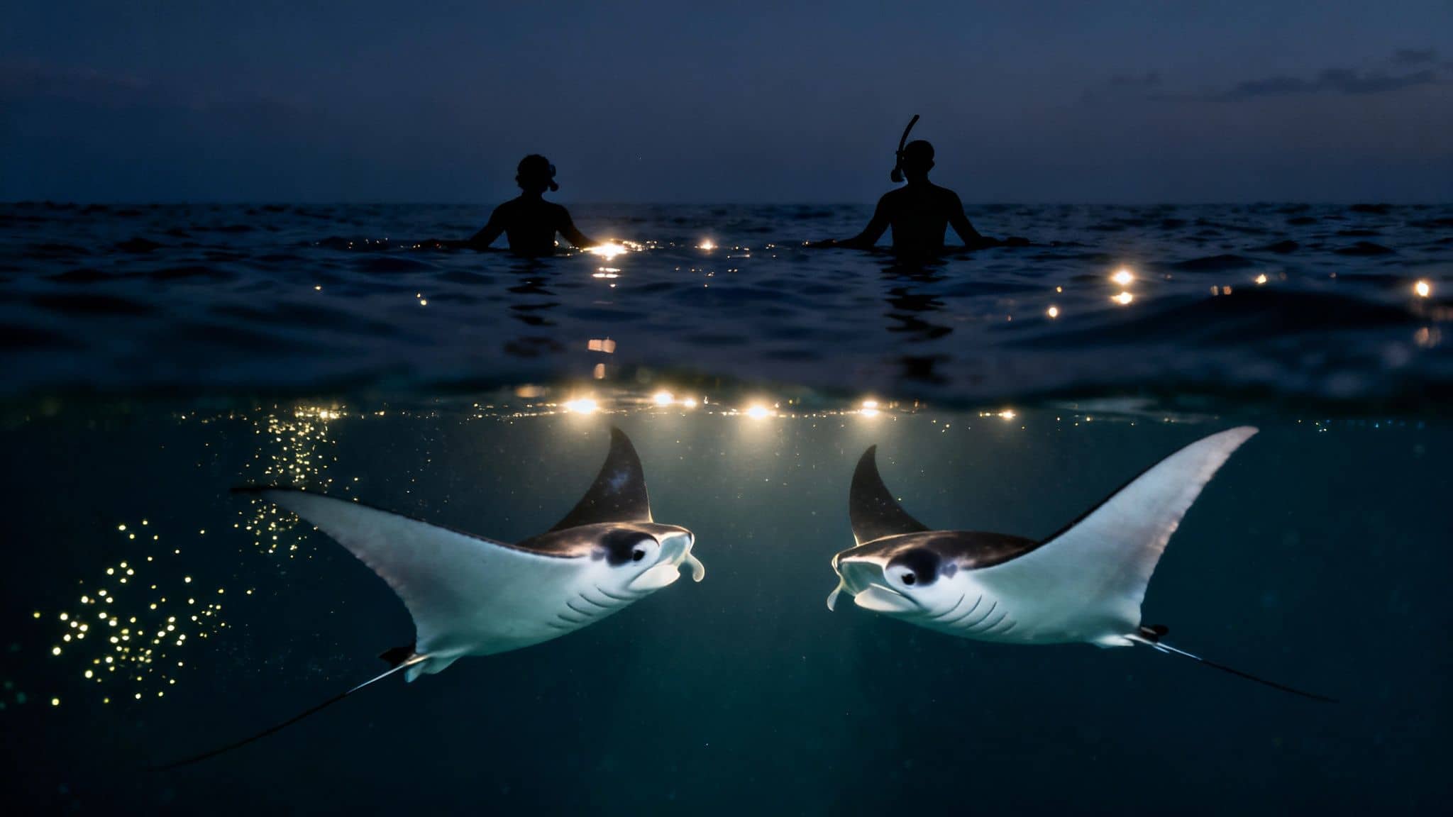 Two snorkelers observe magnificent manta rays feeding at night, illuminated by underwater lights.