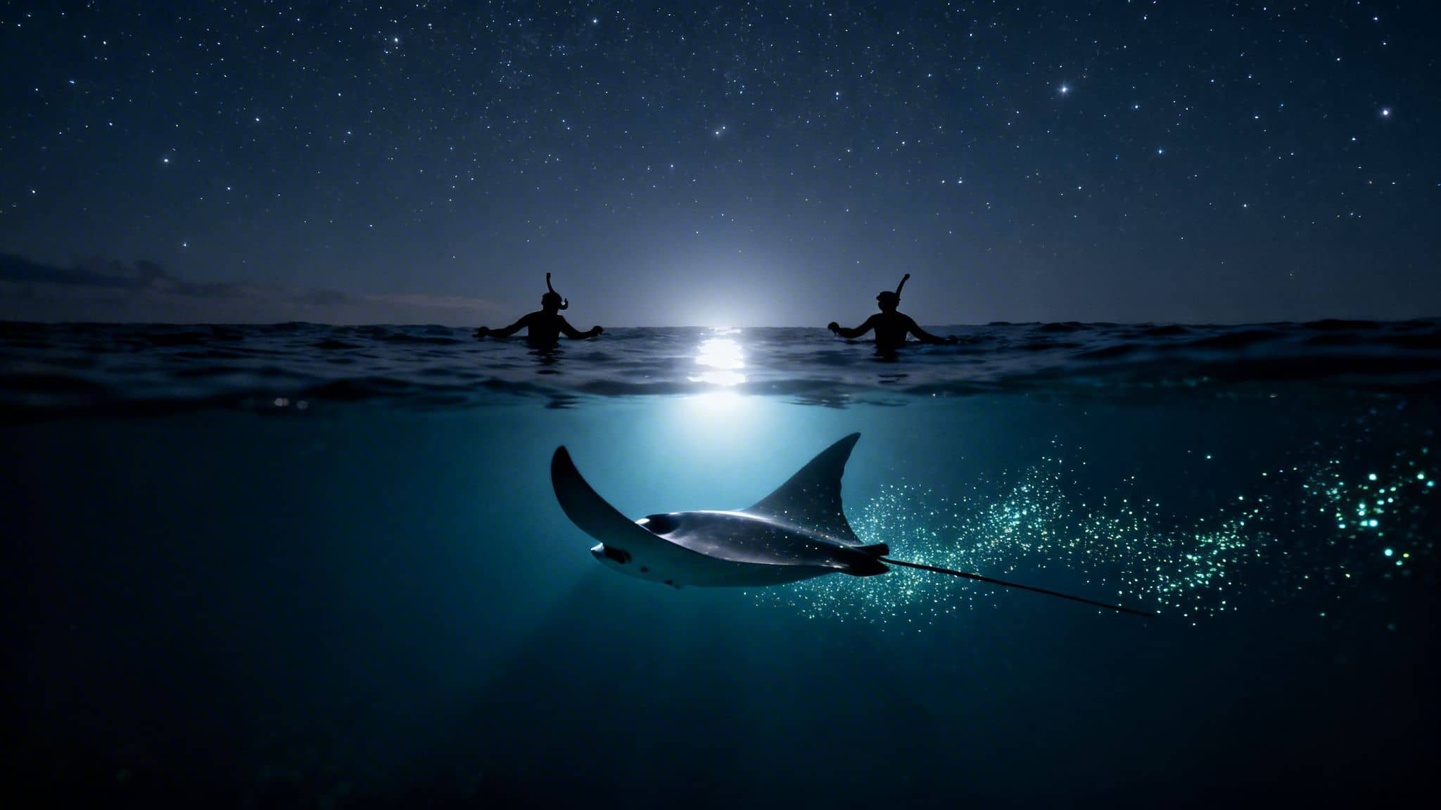 Two snorkelers observe a majestic manta ray at night amidst glowing plankton under a star-filled sky.