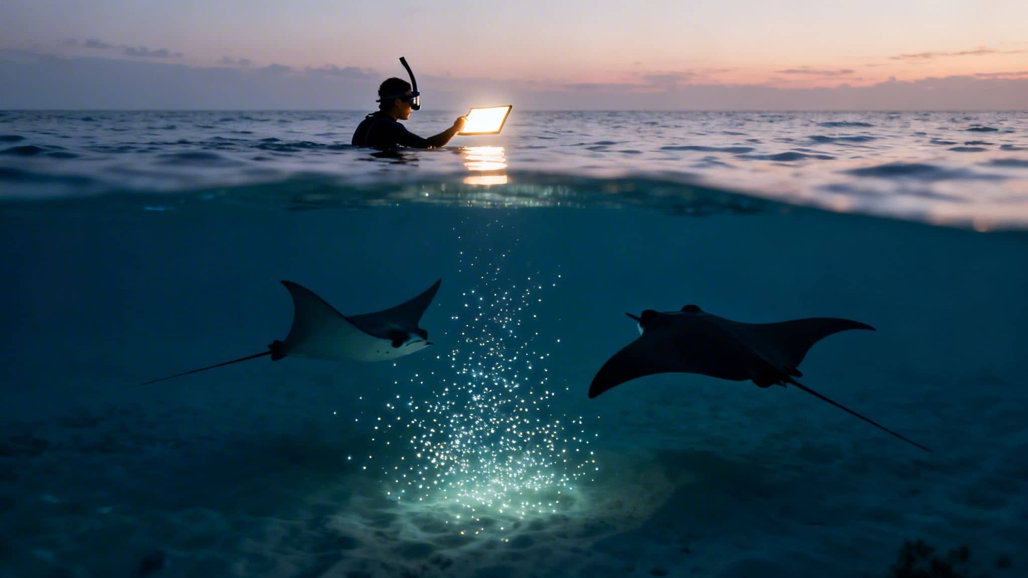 A snorkeler uses a glowing tablet at dusk, illuminating two manta rays underwater.