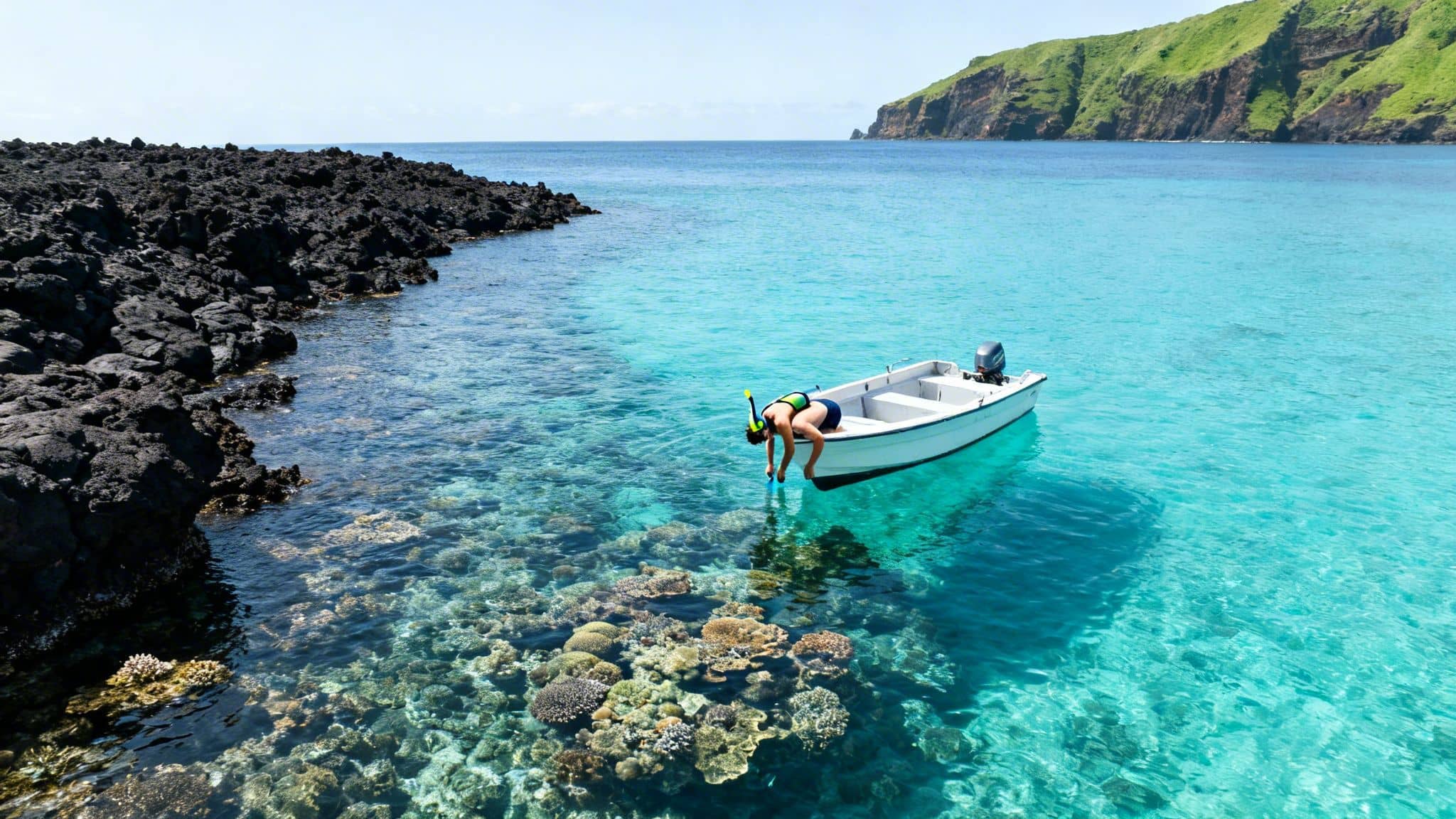 A person snorkeling from a boat in clear turquoise water over a vibrant coral reef.