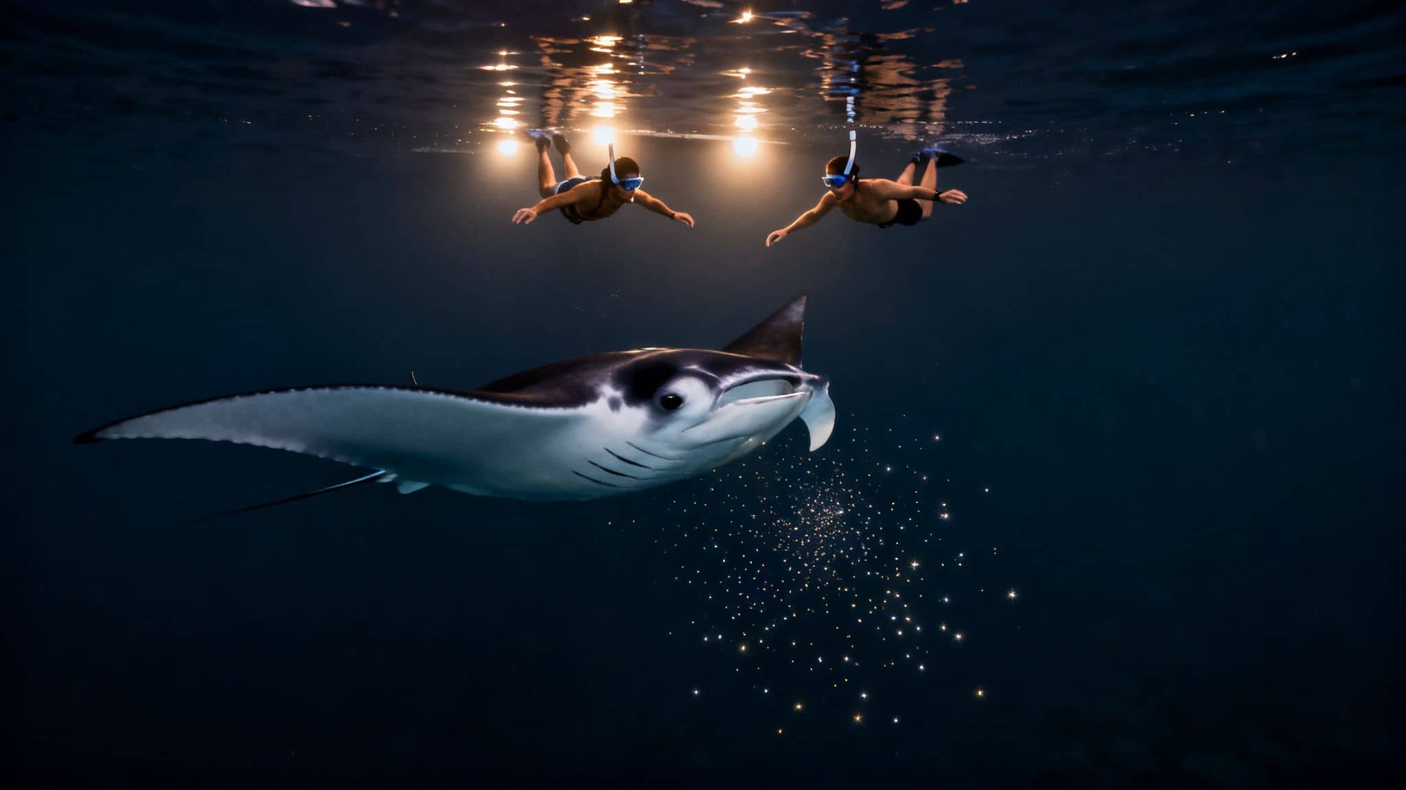 Snorkelers with lights observe a large manta ray feeding on glowing plankton in dark water.