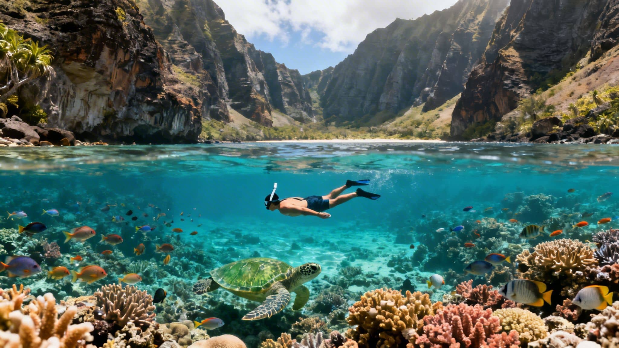 Split image of a snorkeler and sea turtle in clear water with vibrant coral reefs, dramatic cliffs, and a beach above.