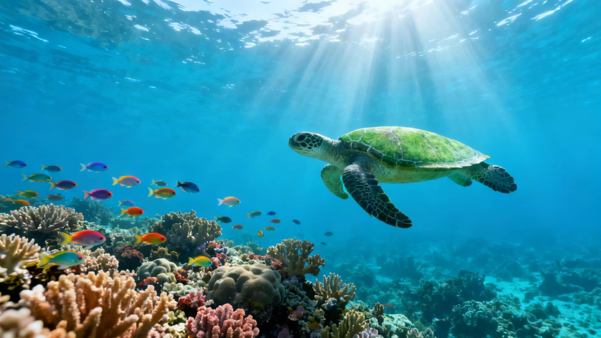 A majestic green sea turtle swims gracefully in clear blue water above a bustling coral reef.