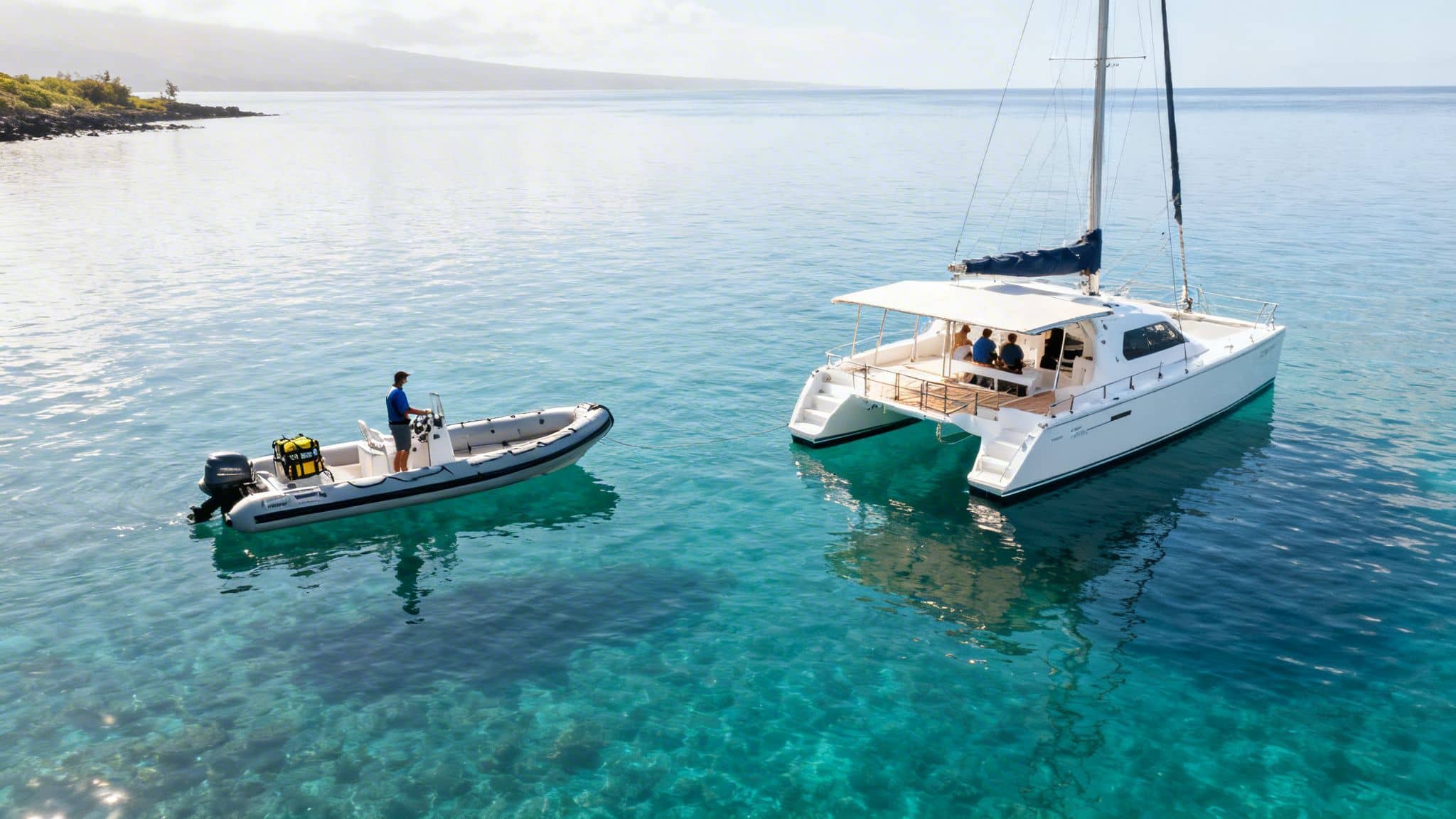 Aerial view of a small boat next to a catamaran on clear blue tropical water near a coastline.