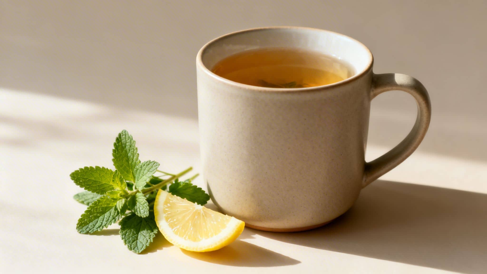 A ceramic mug of hot herbal tea with fresh mint leaves and a lemon wedge on a light surface.