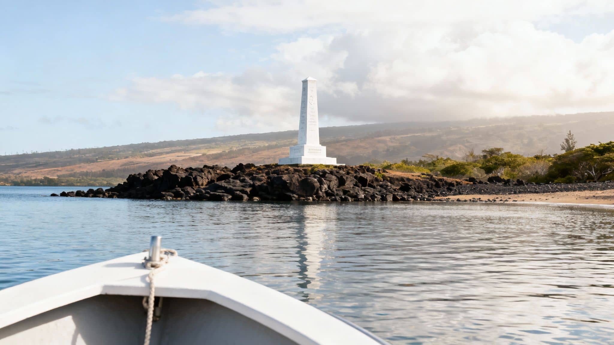 A white Captain Cook monument on a rocky island, viewed from a boat on calm bay waters.