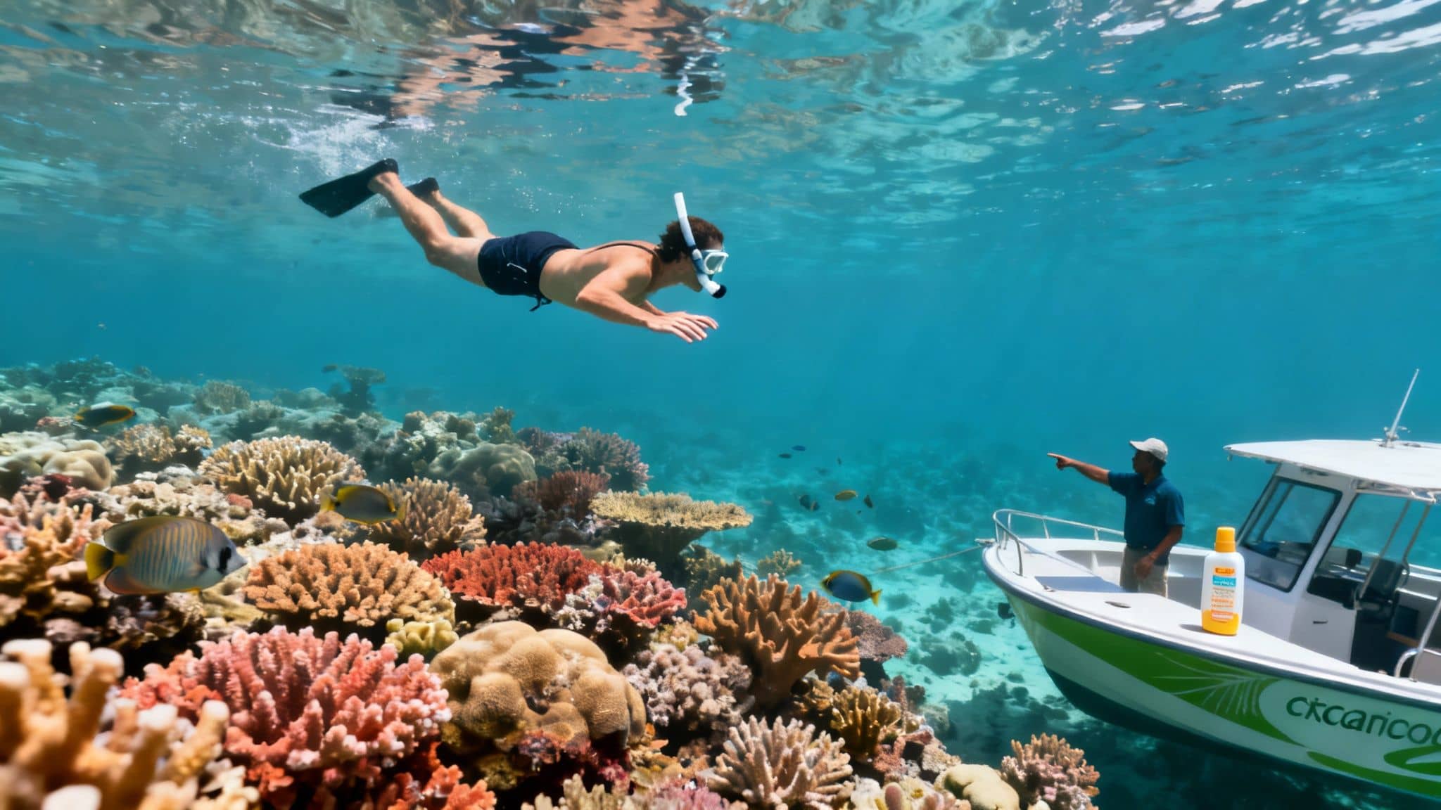 A person snorkeling over a vibrant coral reef with a boat and guide pointing in clear blue water.