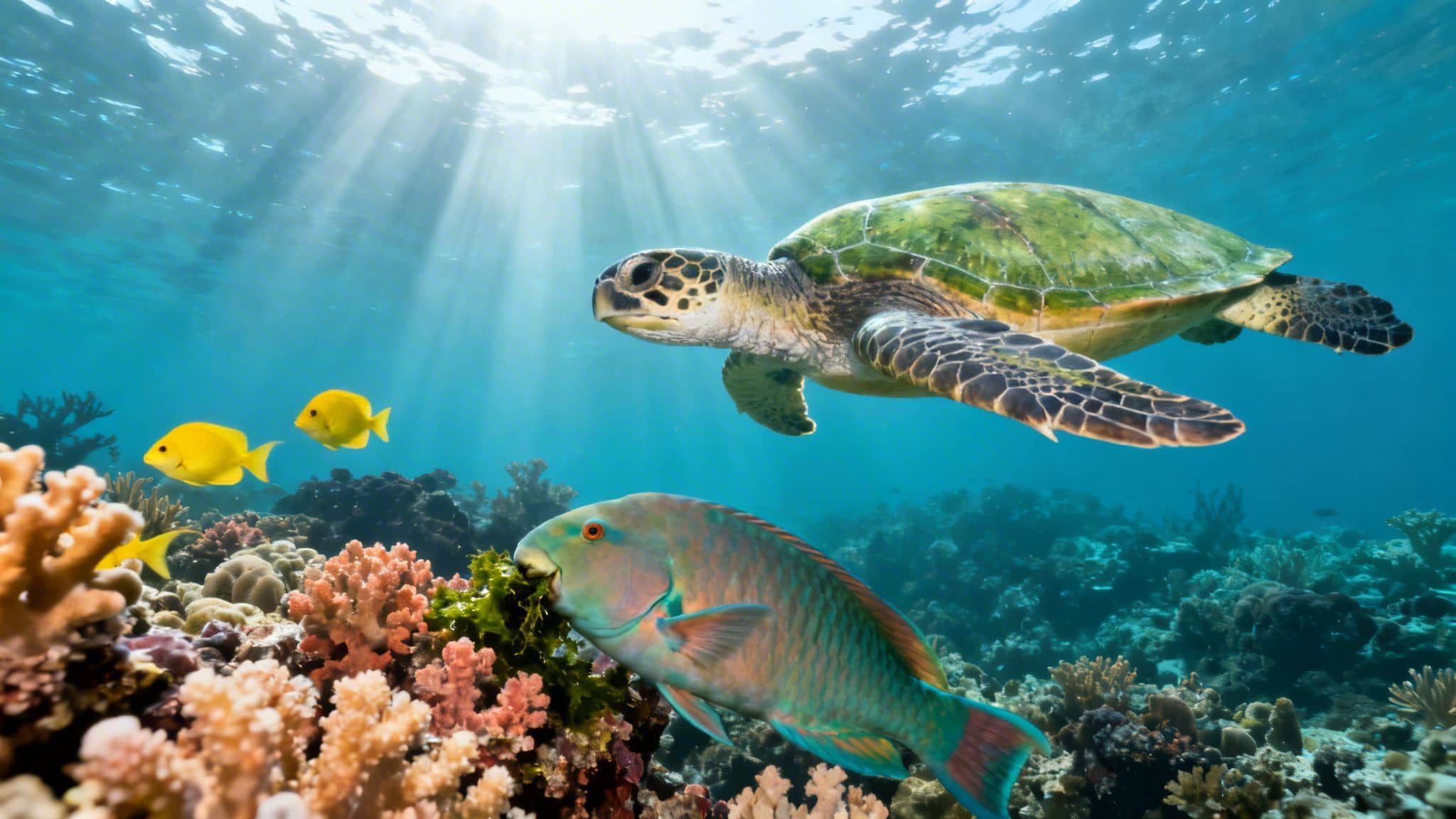 A green sea turtle swims above a vibrant coral reef with fish, bathed in sunlight underwater.