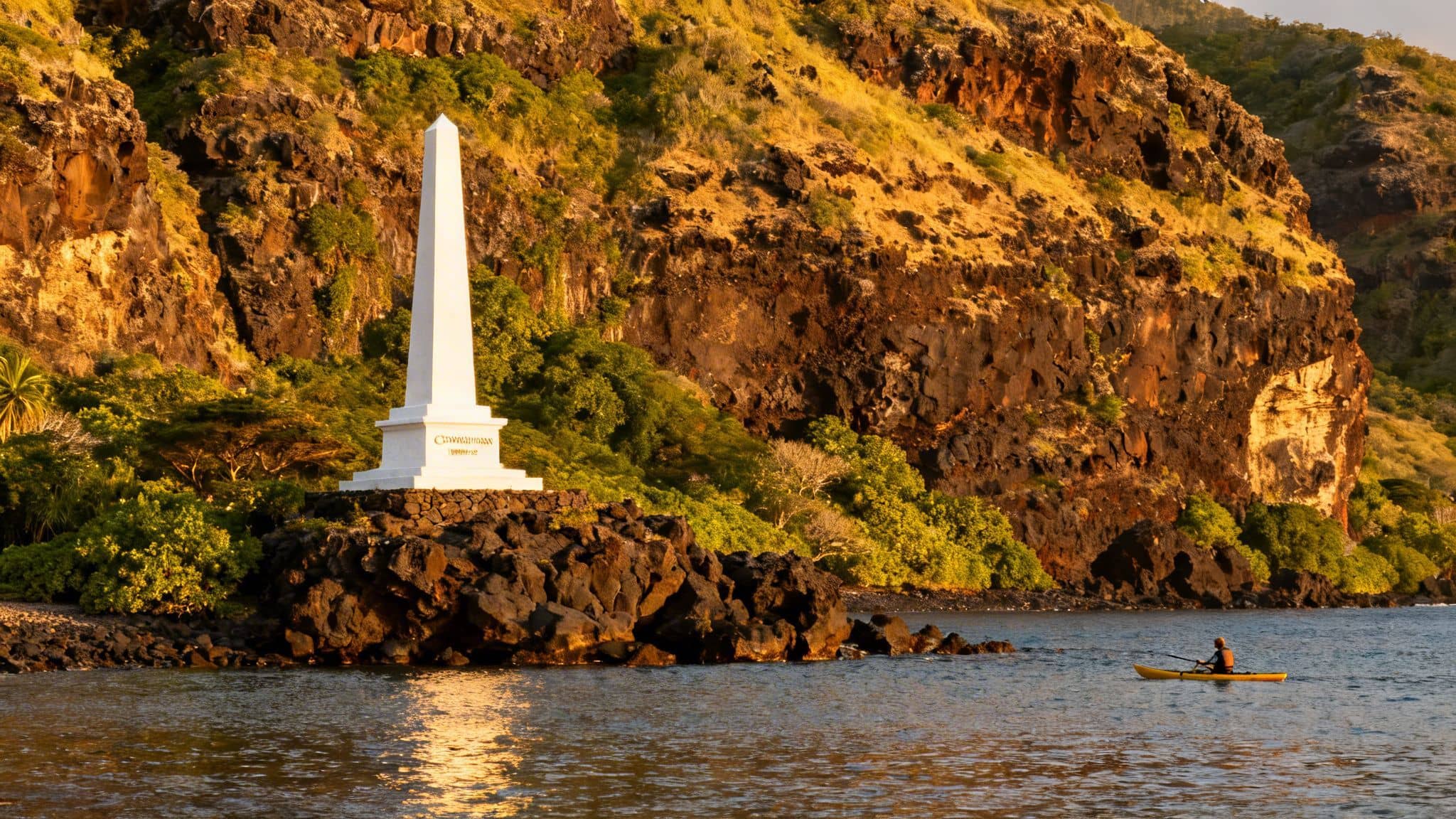 A white obelisk monument on a rocky point at sunset, with a person kayaking nearby.