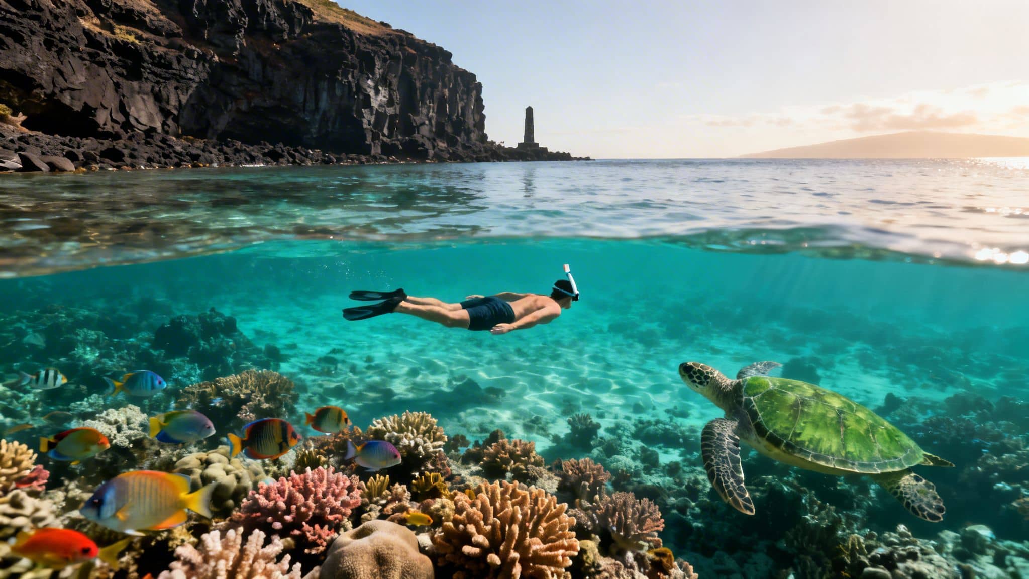 Man snorkeling with a sea turtle and colorful reef, rocky coast and lighthouse visible.