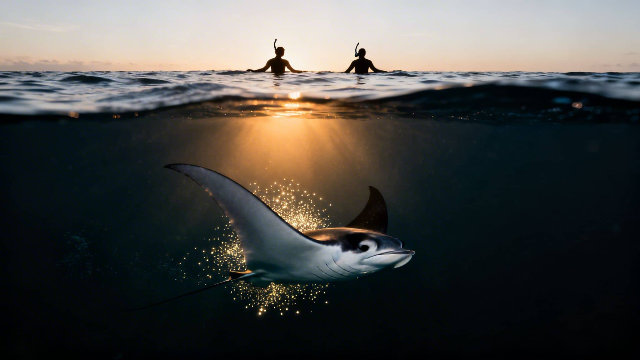 Two snorkelers silhouetted at sunset above a majestic manta ray swimming underwater, illuminated by sun rays.
