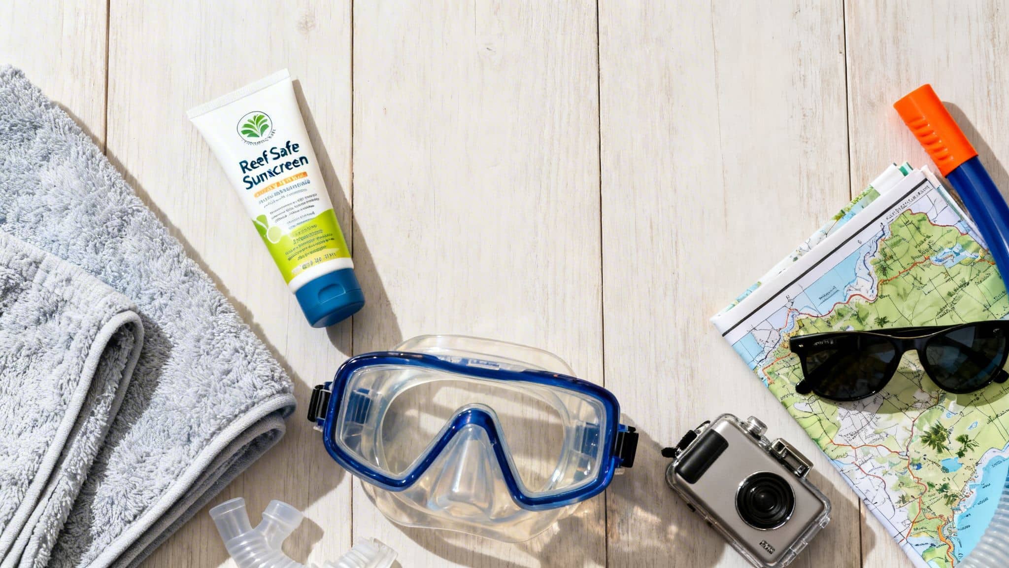 A flat lay of snorkeling gear and beach essentials including sunscreen, mask, snorkel, map, and camera.