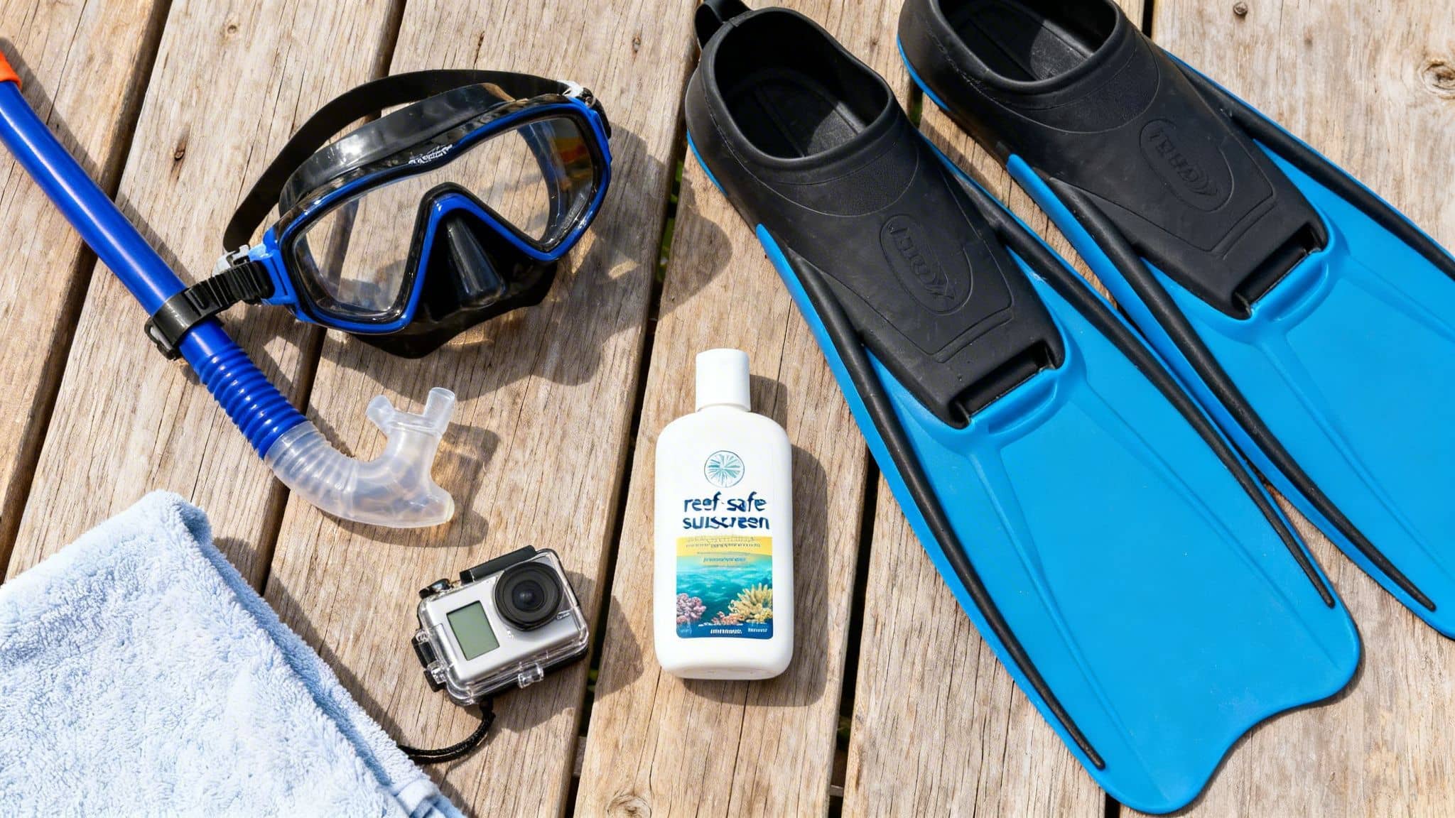 Snorkeling gear including a mask, snorkel, fins, reef-safe sunscreen, GoPro camera, and a towel on wooden planks.