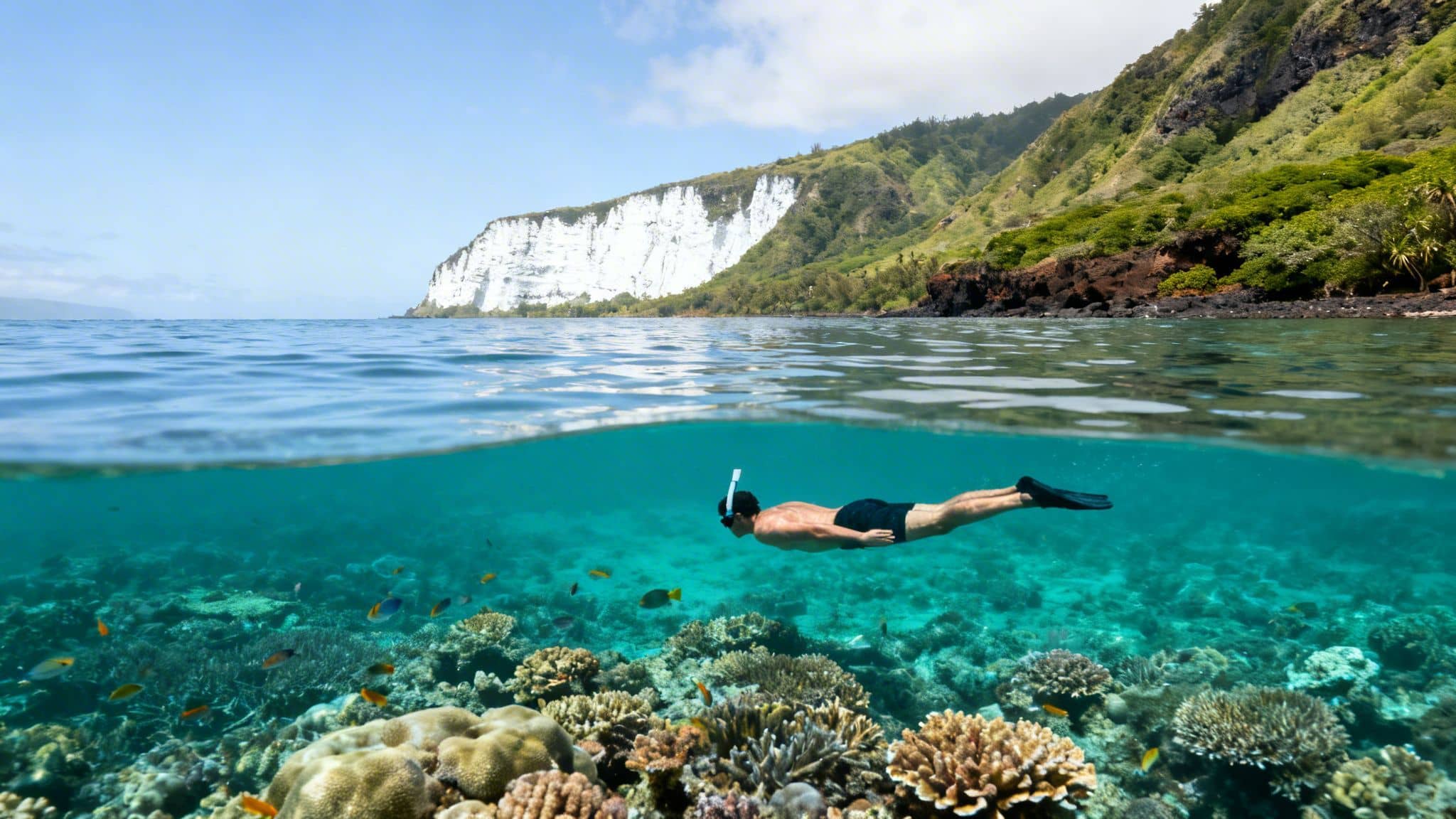 Split-level view of a man snorkeling over a vibrant coral reef near white cliffs and green mountains.