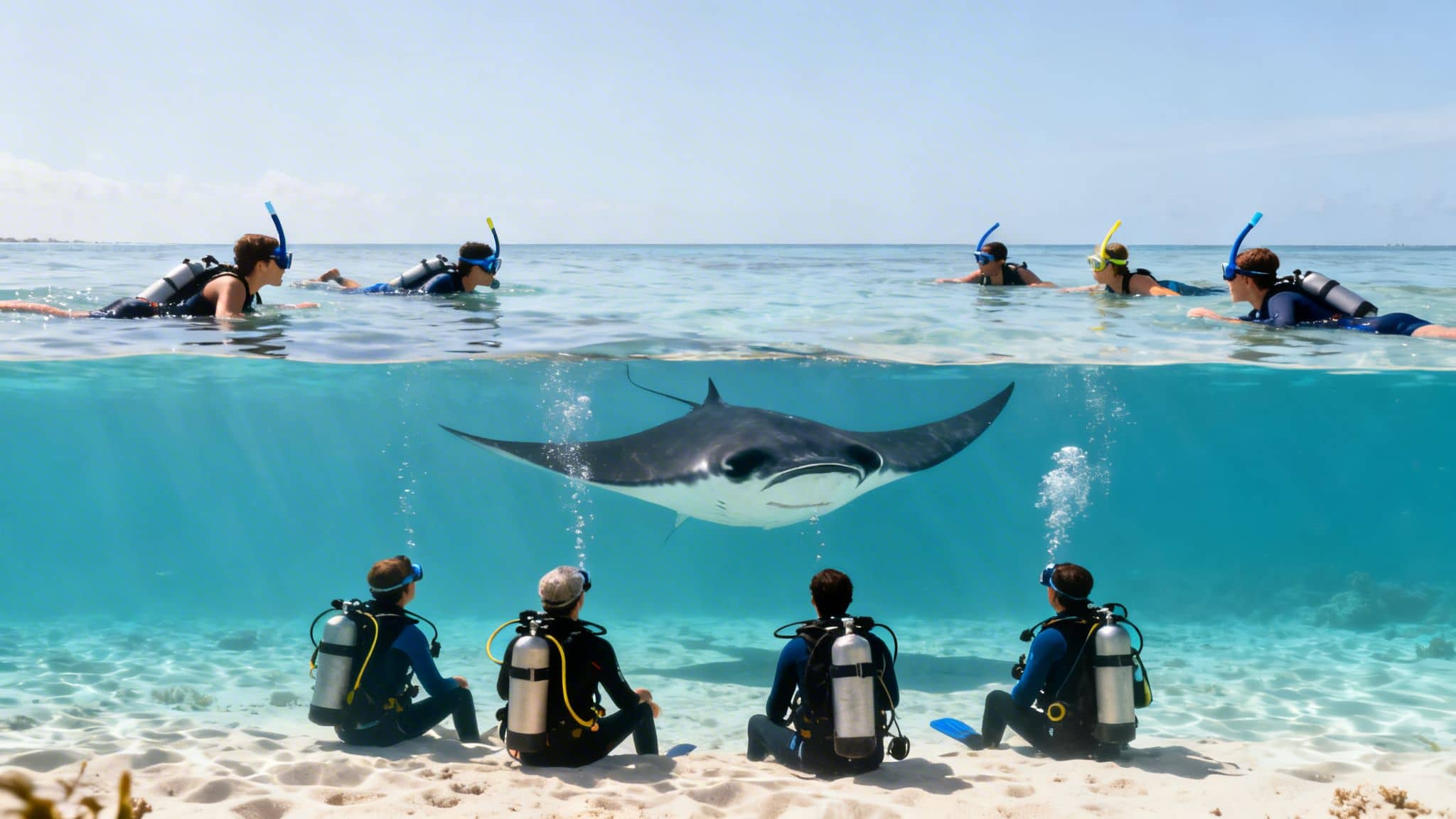 Snorkelers and scuba divers observe a majestic manta ray in clear blue tropical waters.
