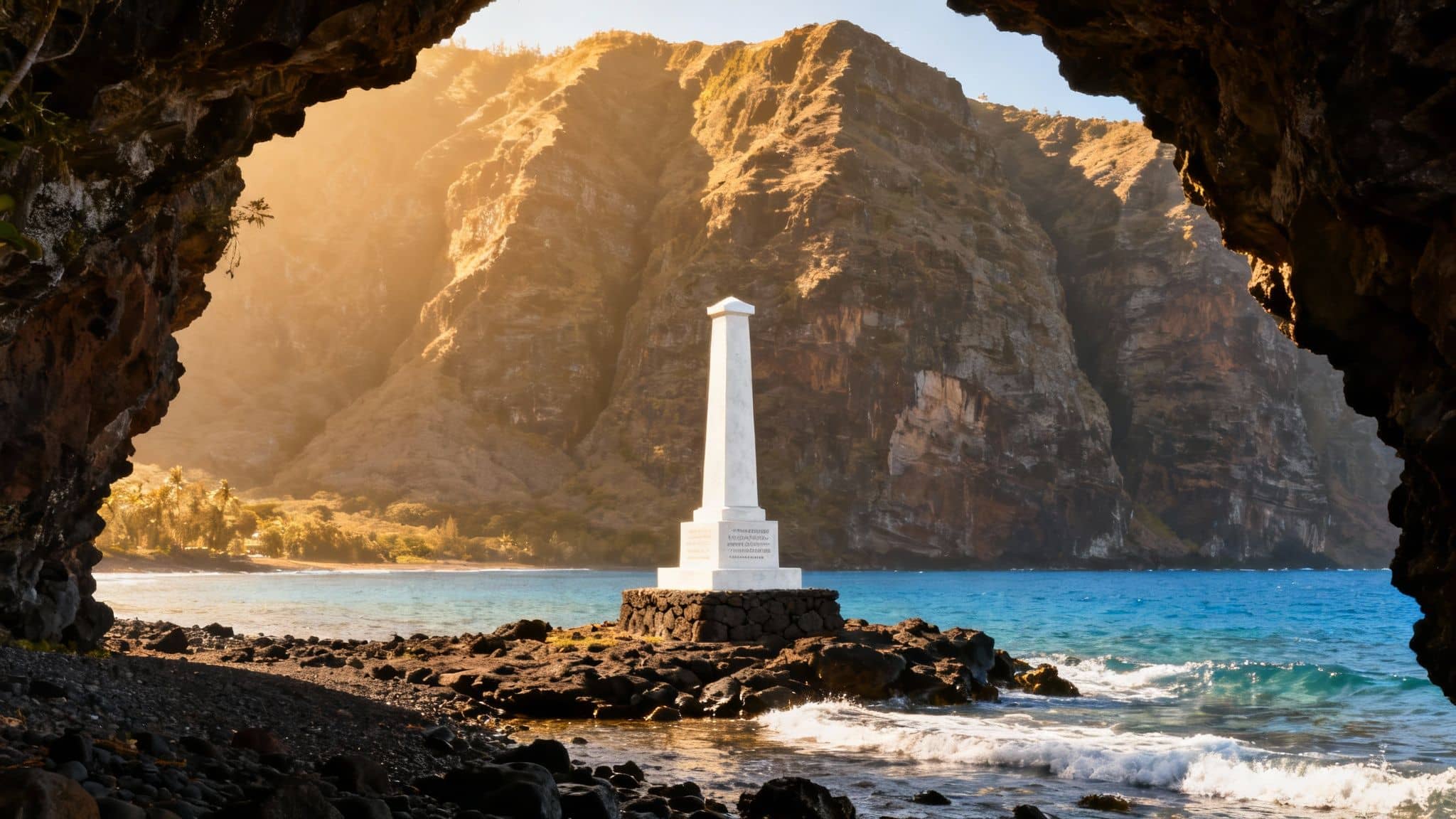 View from a cave of a white obelisk monument on rocky ocean shore with sunlit cliffs.