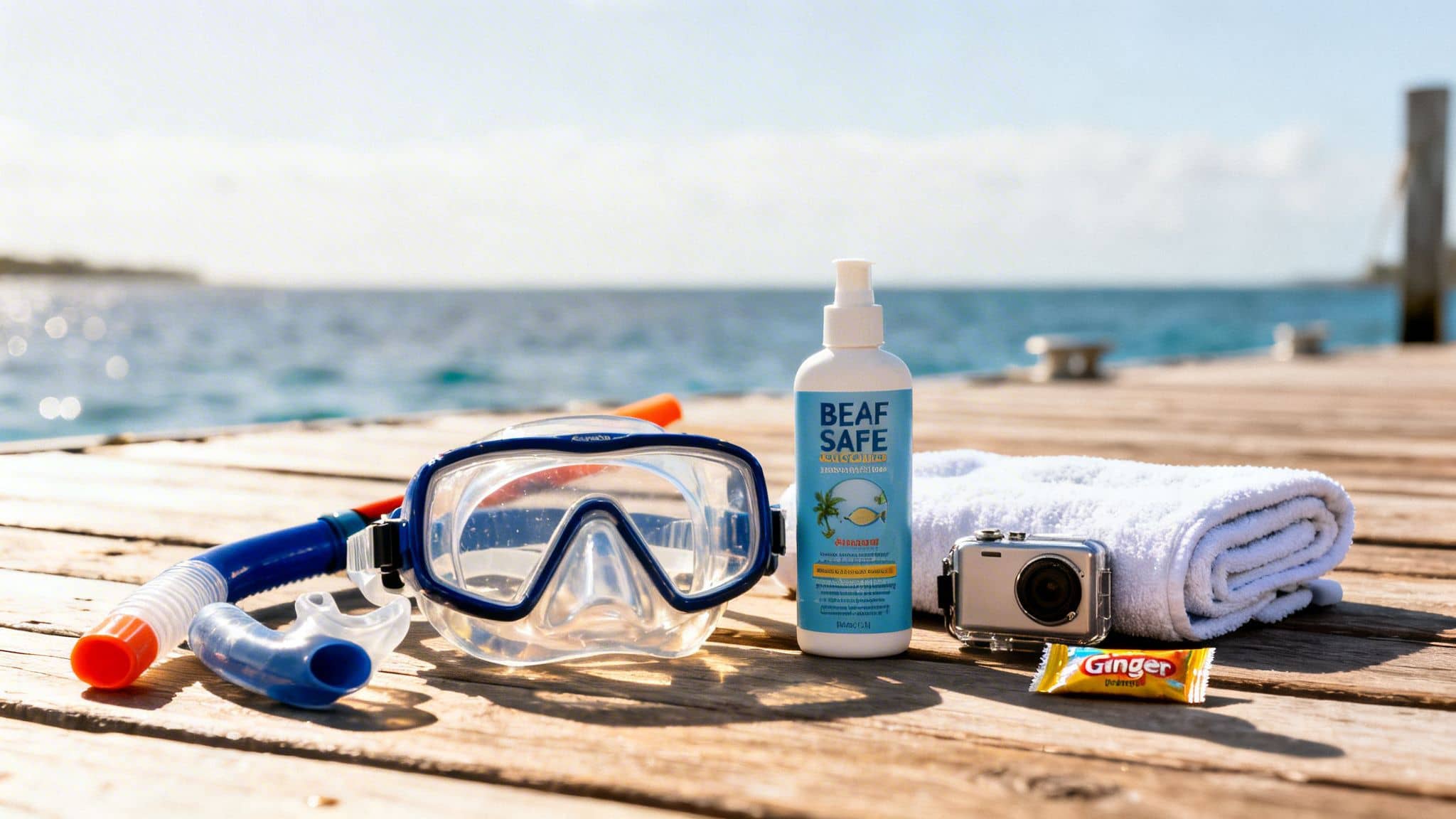 Snorkeling mask, snorkel, sunscreen, towel, camera, and candy on a wooden dock by the ocean.