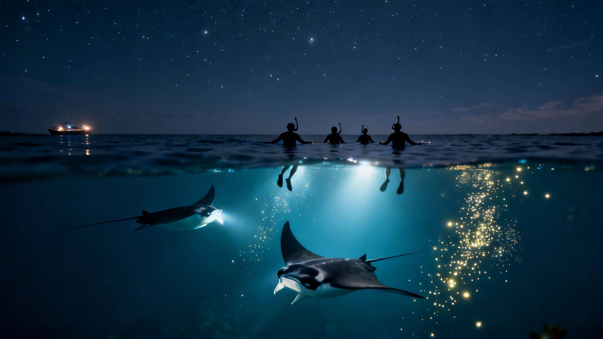 Four snorkelers observe majestic manta rays at night in illuminated ocean water under a starry sky.