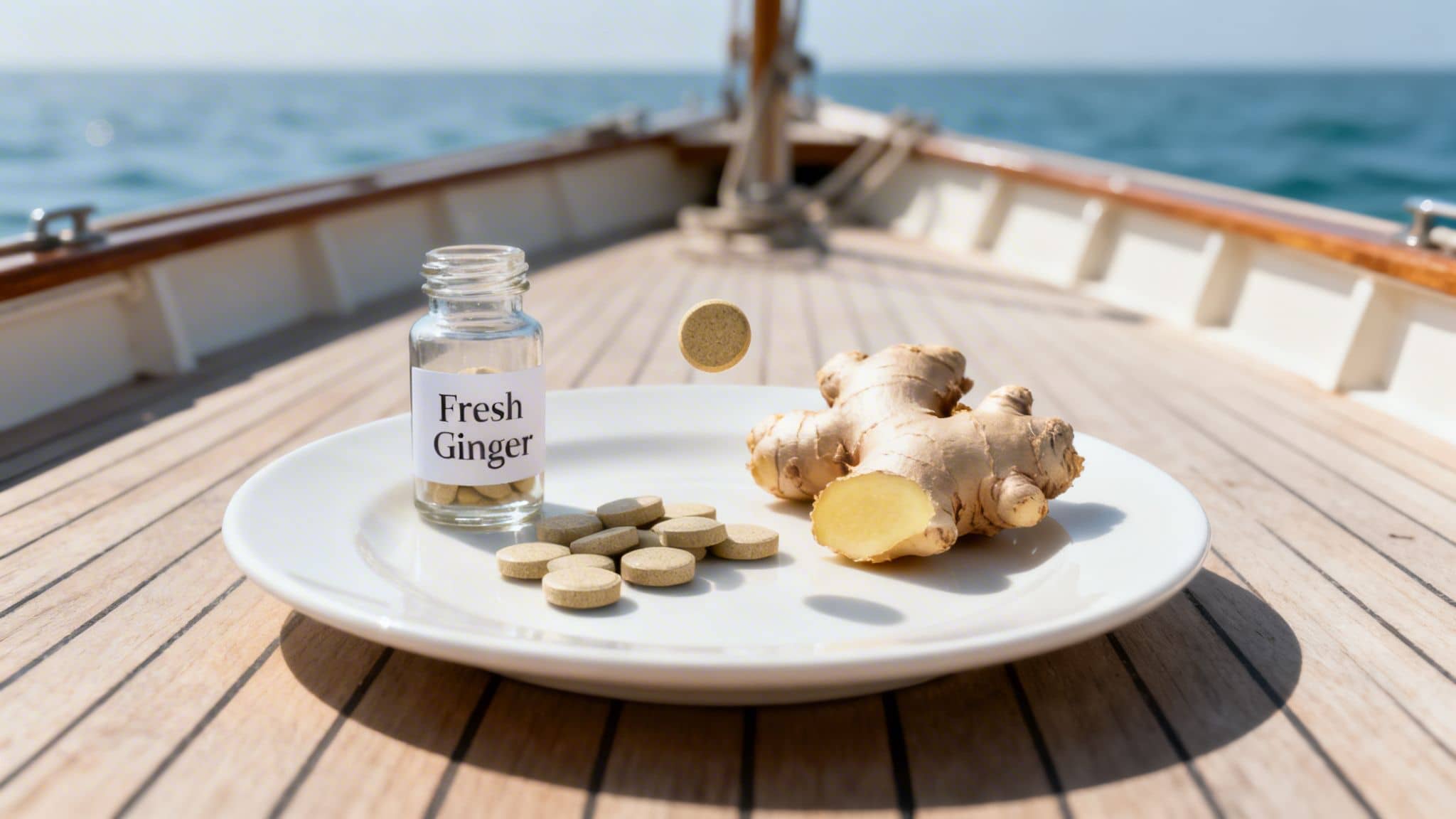 Fresh ginger root and tablets on a boat deck, with the sea visible in the background.