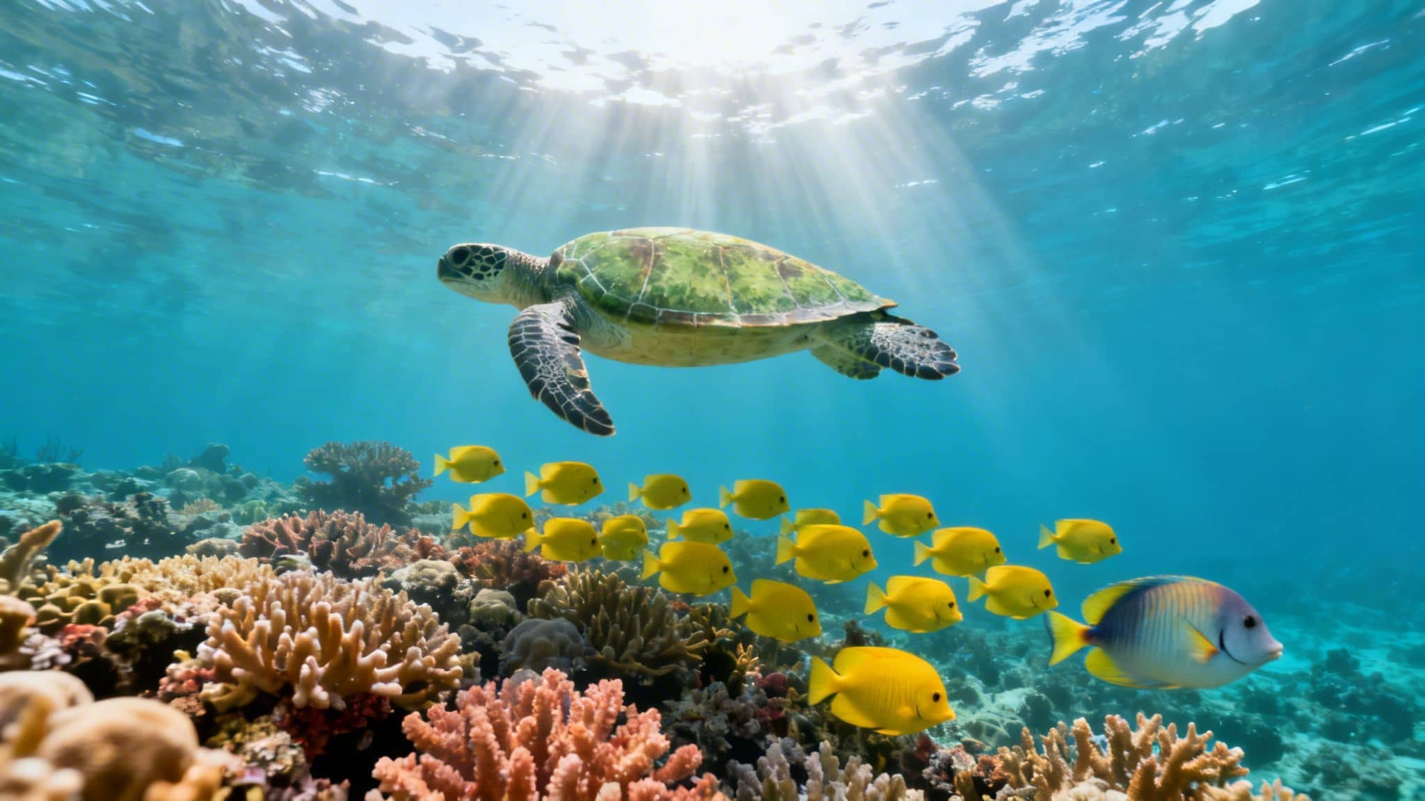 A green sea turtle swims above a vibrant coral reef with yellow fish and sun rays in clear blue water.
